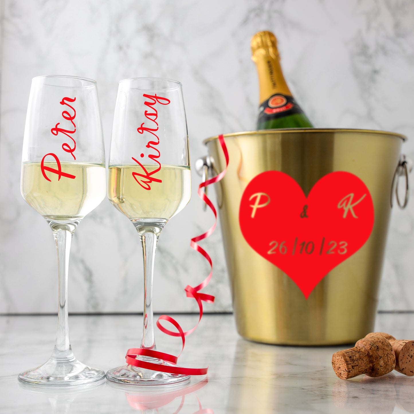 Personalised Heart Design Gold Ice Bucket With Matching Champagne Glasses - Always Looking Good -