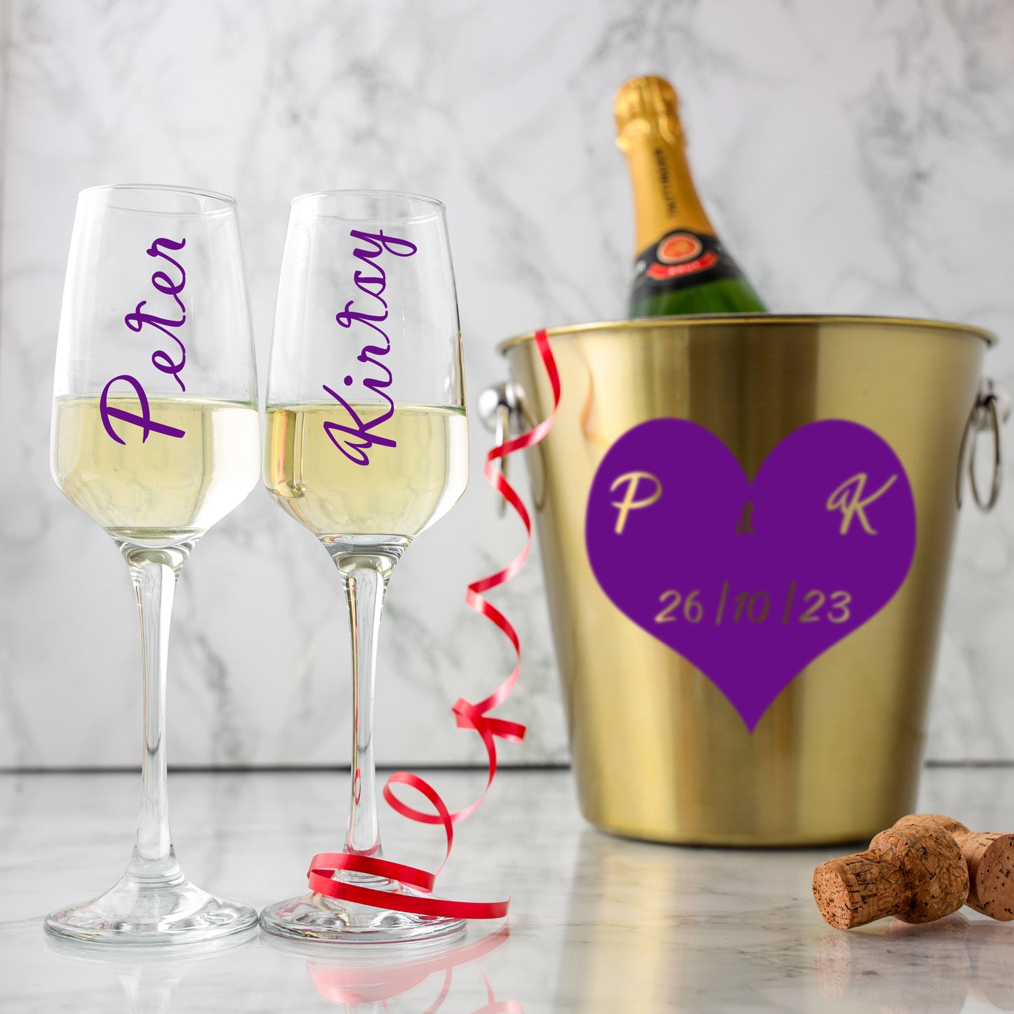 Personalised Heart Design Gold Ice Bucket With Matching Champagne Glasses - Always Looking Good -