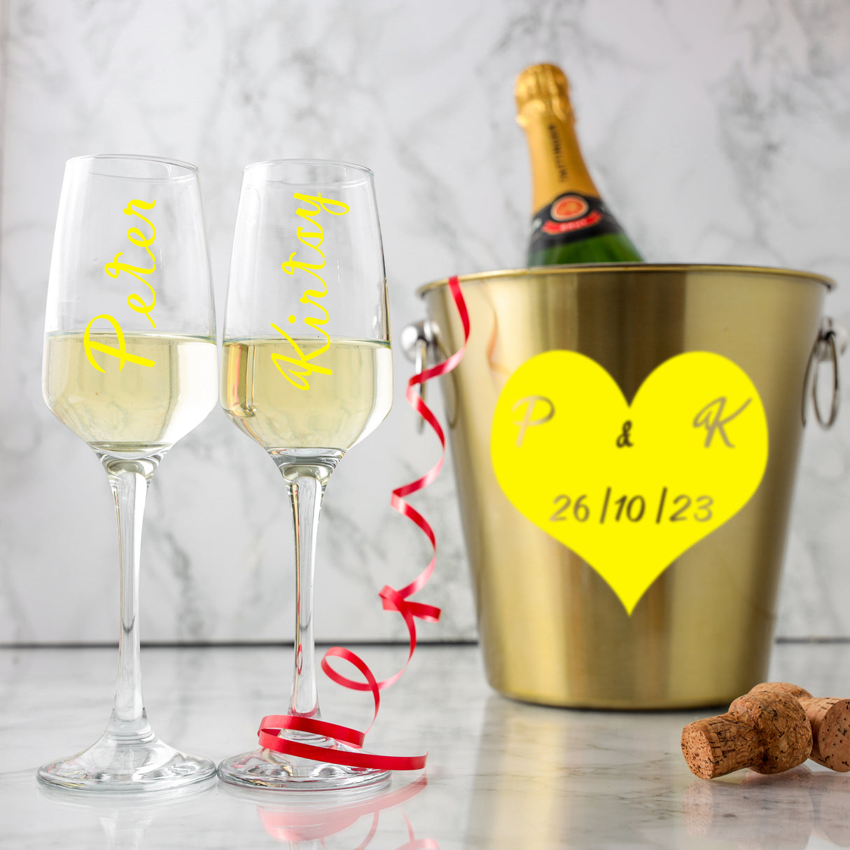 Personalised Heart Design Gold Ice Bucket With Matching Champagne Glasses - Always Looking Good -