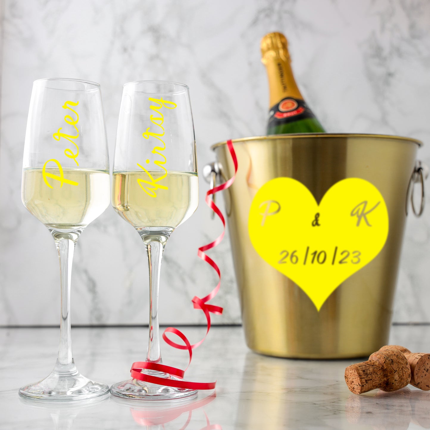 Personalised Heart Design Gold Ice Bucket With Matching Champagne Glasses - Always Looking Good -