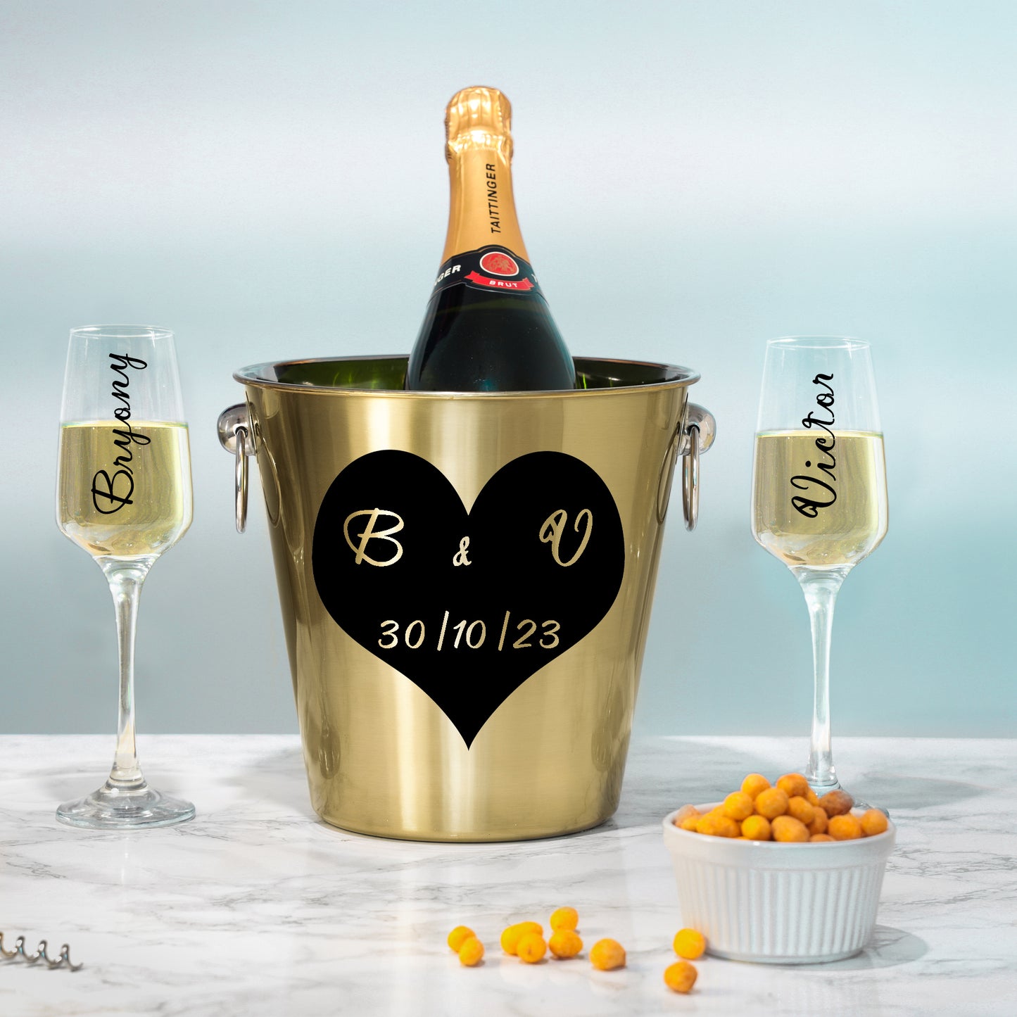 Personalised Heart Design Gold Ice Bucket With Matching Champagne Glasses - Always Looking Good - Glasses and Ice Bucket