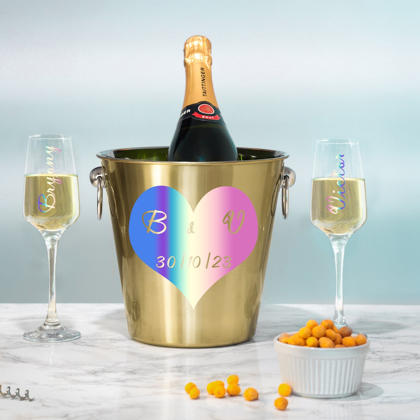 Personalised Heart Design Gold Ice Bucket With Matching Champagne Glasses - Always Looking Good -