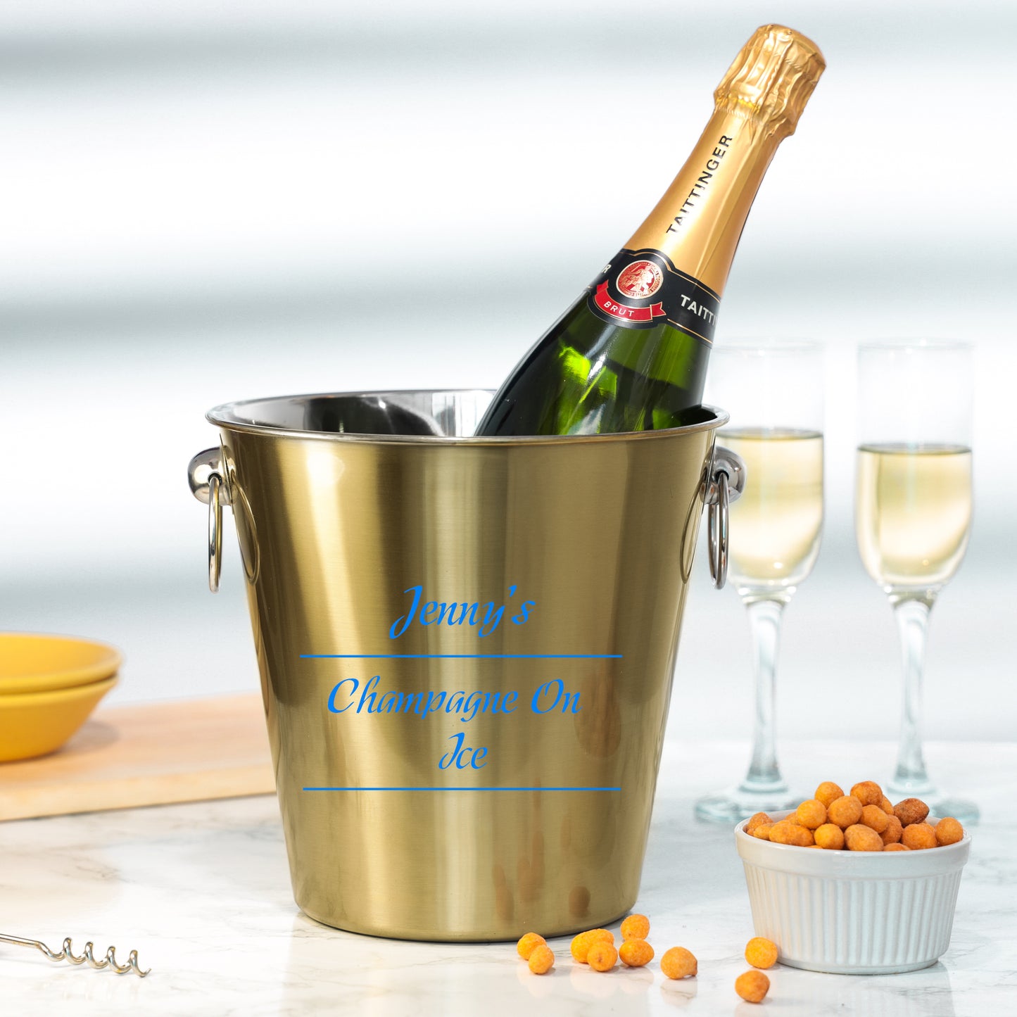 Personalised Drinks on Ice Gold Bucket With matching Champagne or Beer Glasses - Always Looking Good -