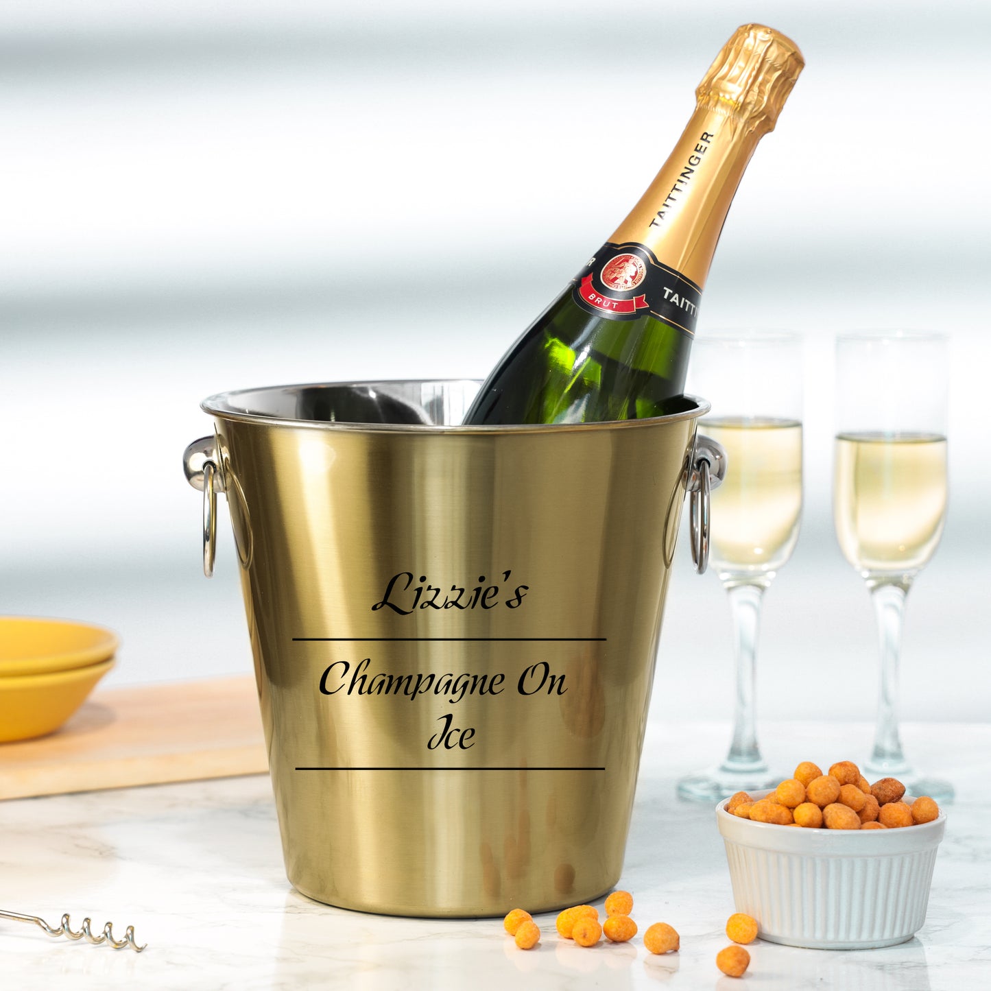 Personalised Drinks on Ice Gold Bucket With matching Champagne or Beer Glasses - Always Looking Good -