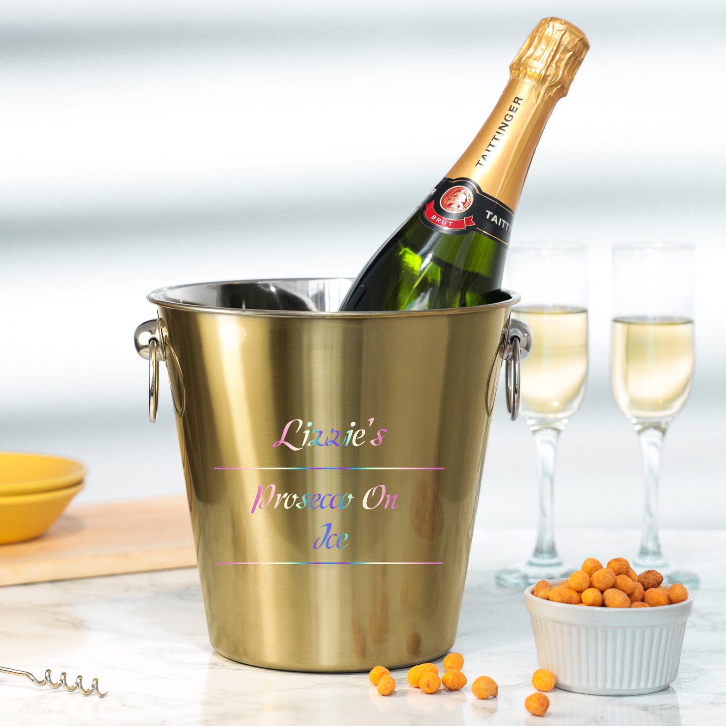 Personalised Drinks on Ice Gold Bucket With matching Champagne or Beer Glasses - Always Looking Good -