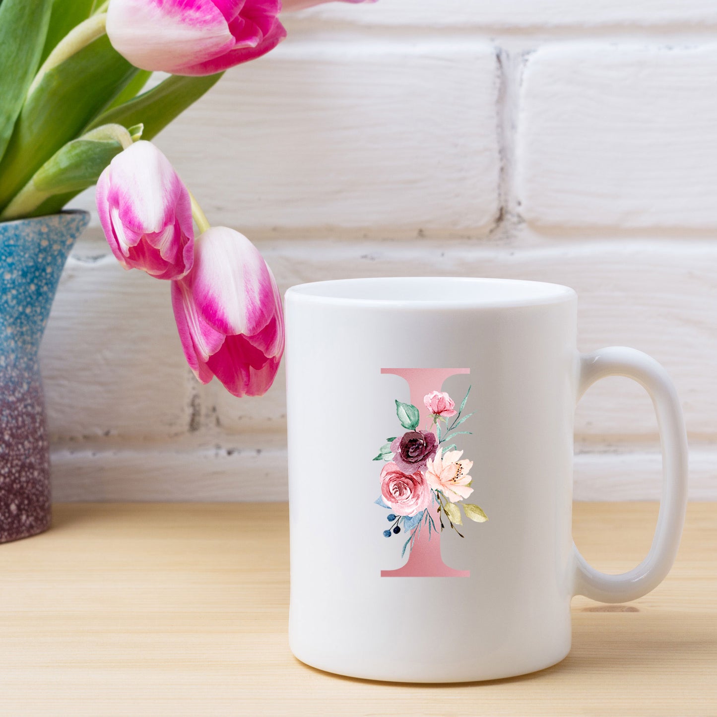 Monogrammed Ceramic Mug – Pink Floral Letter Design for Gift
