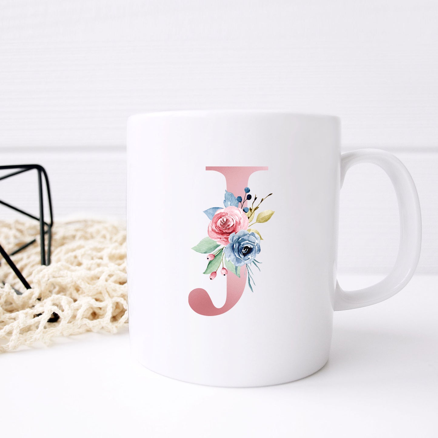 Monogrammed Ceramic Mug – Pink Floral Letter Design for Gift