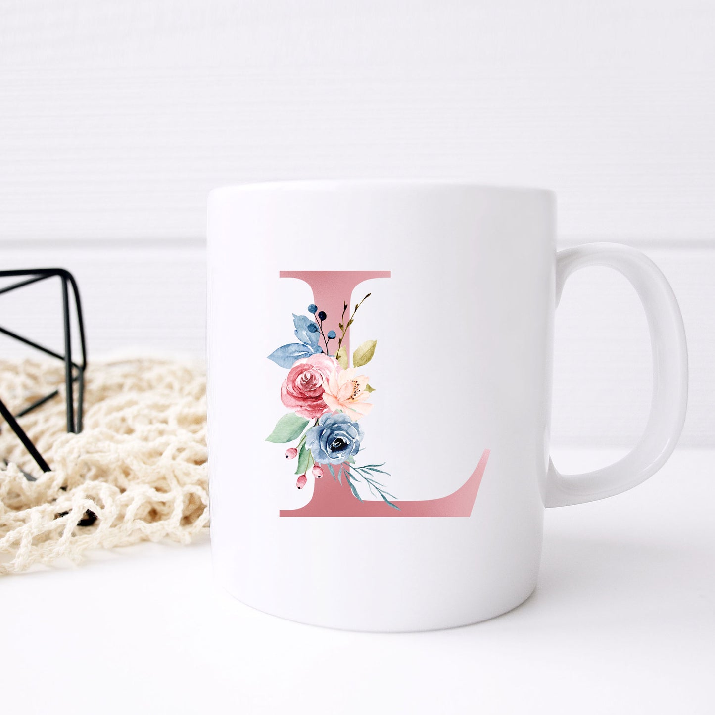 Monogrammed Ceramic Mug – Pink Floral Letter Design for Gift