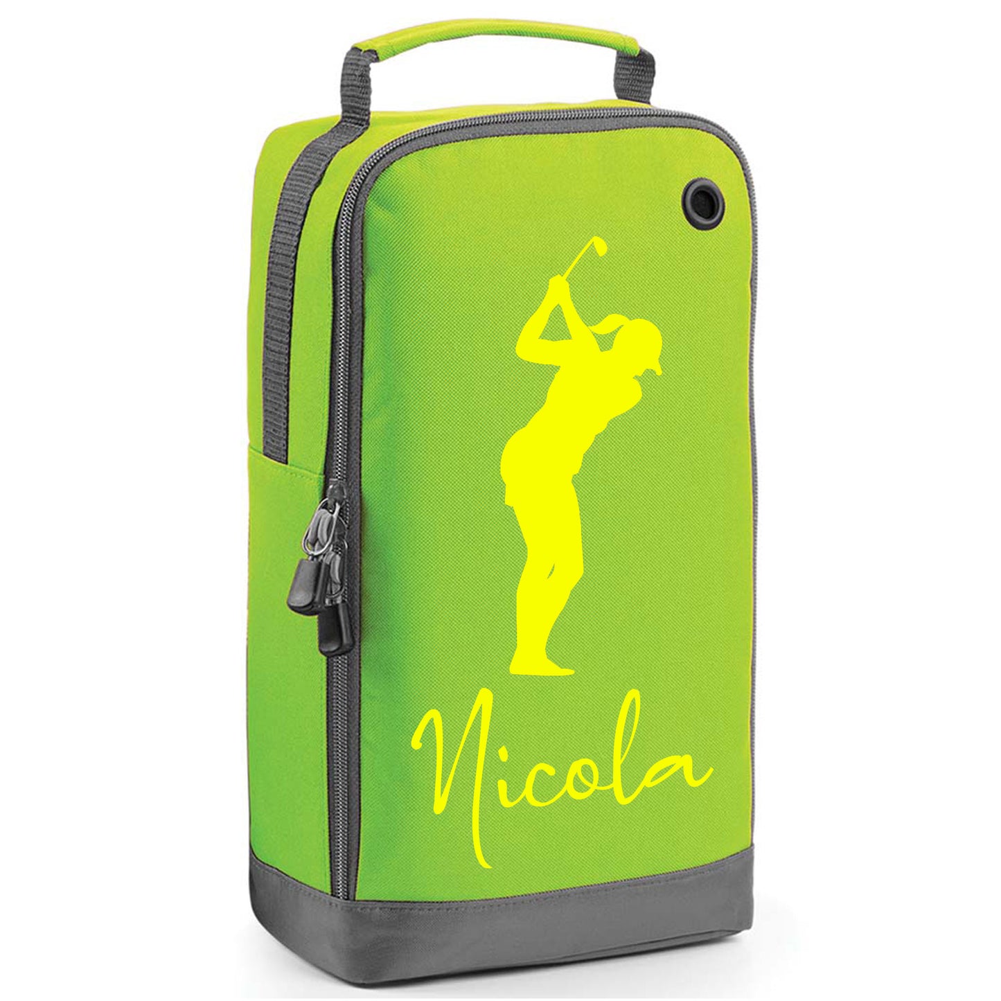 Personalised Golf Shoe Bag with Female Golfer & Name or Initials - Always Looking Good - Lime Green