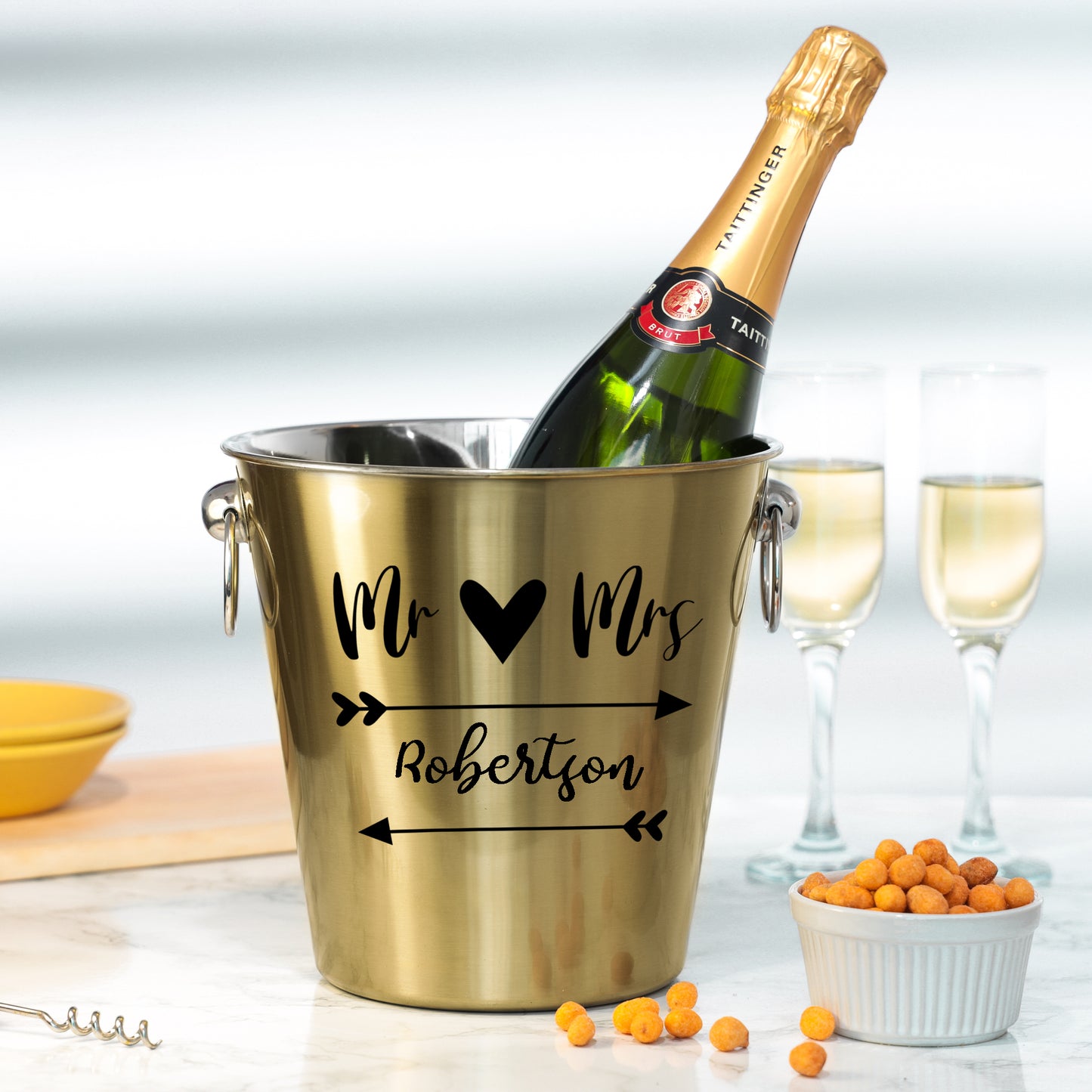 Personalised Wedding Gold Ice Bucket With matching Champagne Glasses - Always Looking Good -