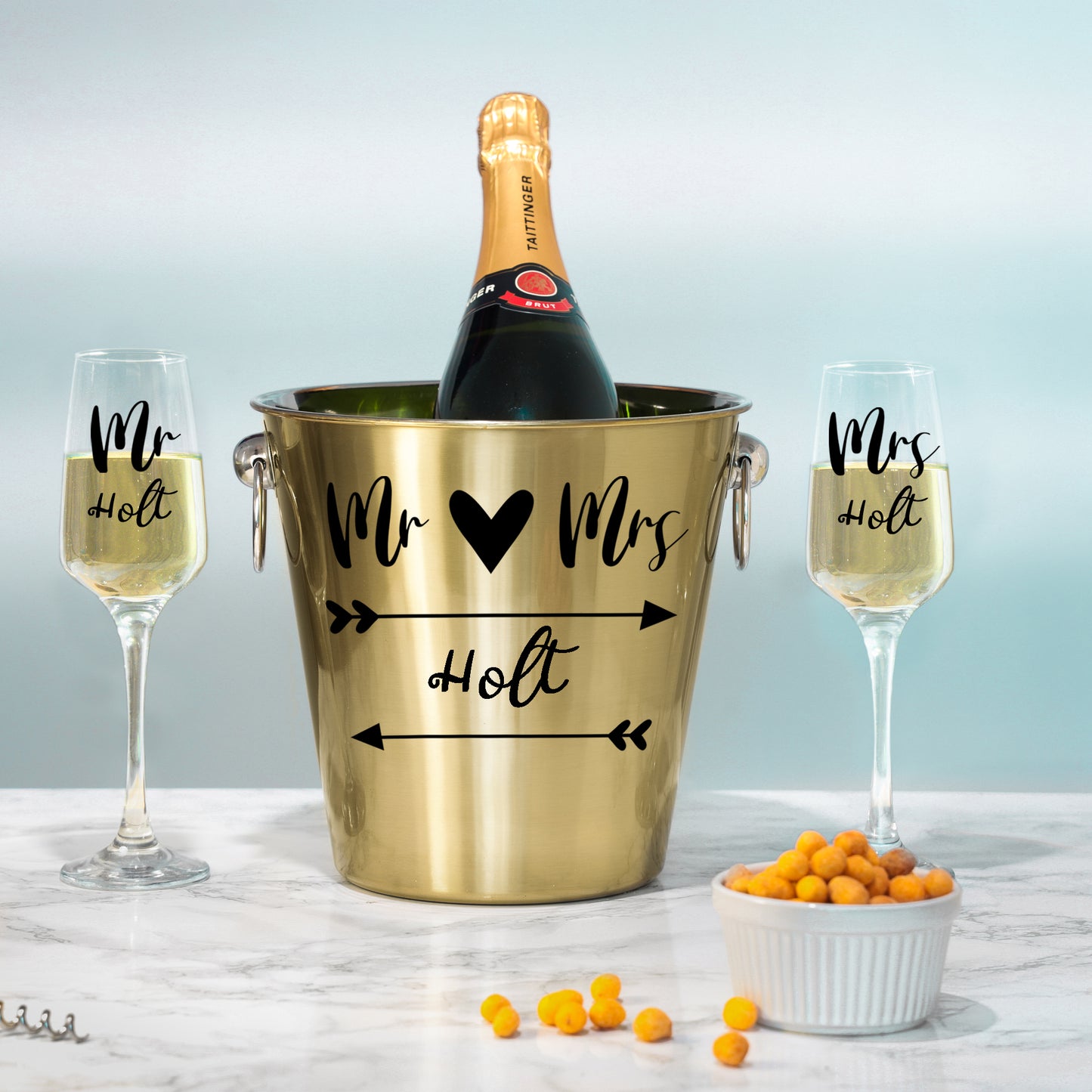 Personalised Wedding Gold Ice Bucket With matching Champagne Glasses - Always Looking Good - Ice Bucket With Matching Glasses