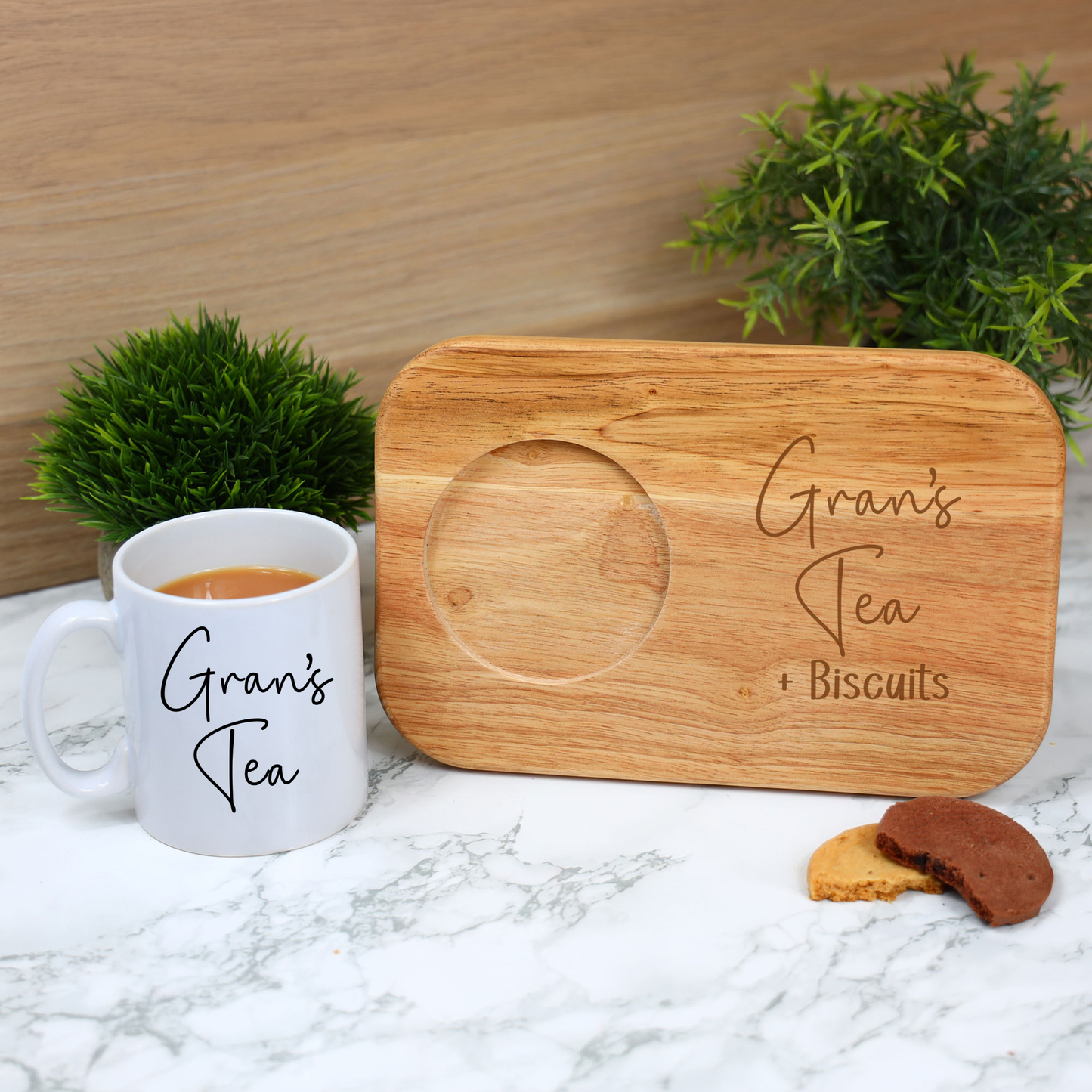 Personalised Gran's Tea & Biscuit Engraved Board with Optional Mug and Message
