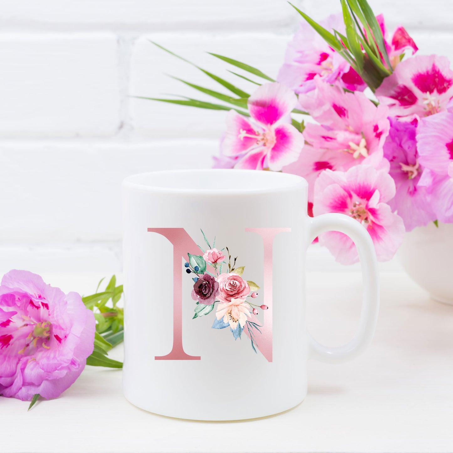 Monogrammed Ceramic Mug – Pink Floral Letter Design for Gift