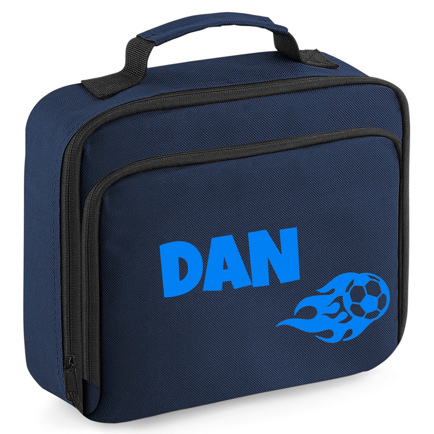 Personalised Lunch Bag with Football Design Childs School Lunch Box - Always Looking Good - Navy Flaming Ball