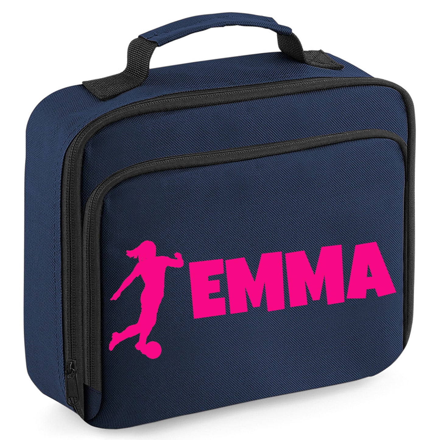 Kids Personalised Lunch Bag With Name in Football Design - Always Looking Good - - Navy Female Player