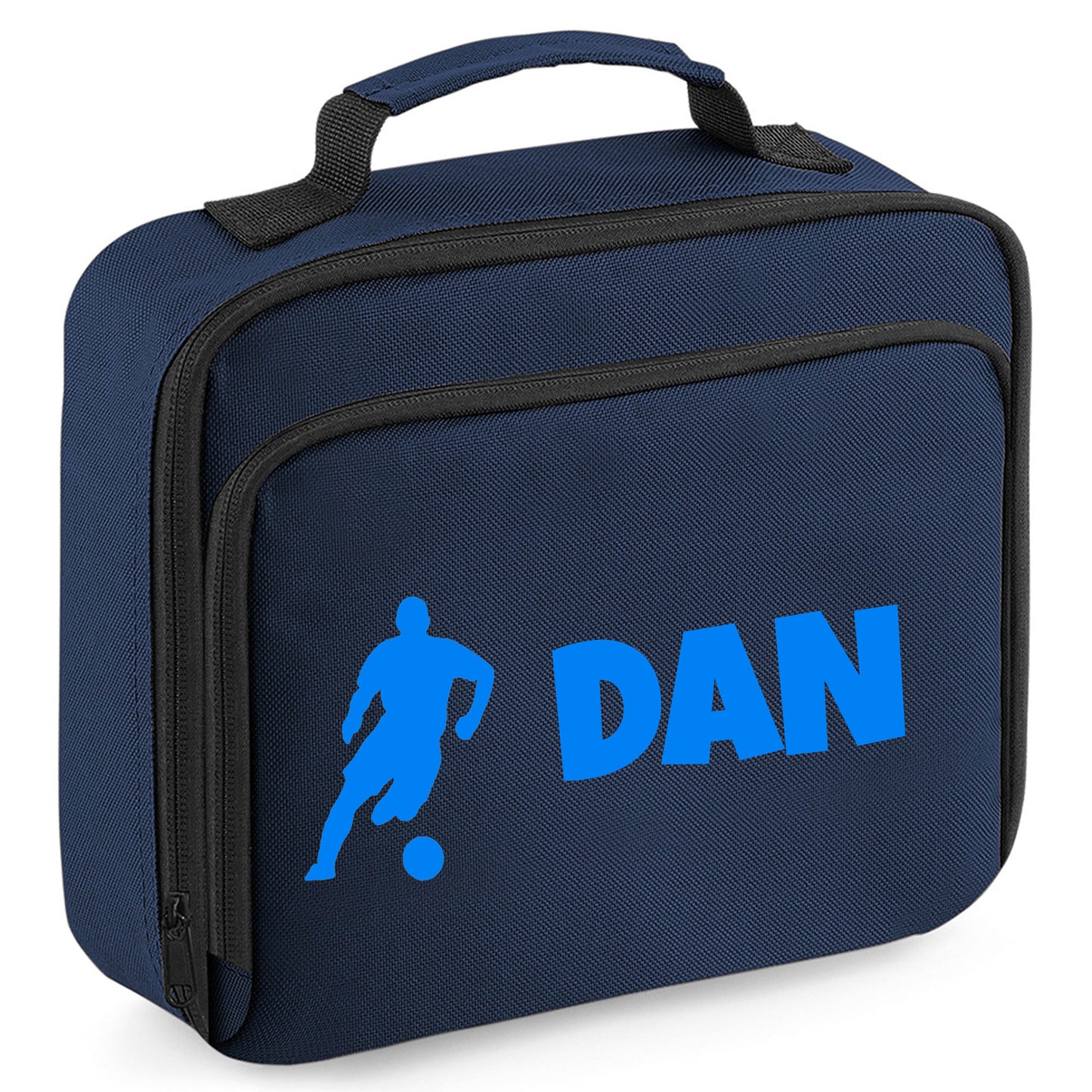 Personalised Lunch Bag with Football Design Childs School Lunch Box - Always Looking Good - Navy Male Player