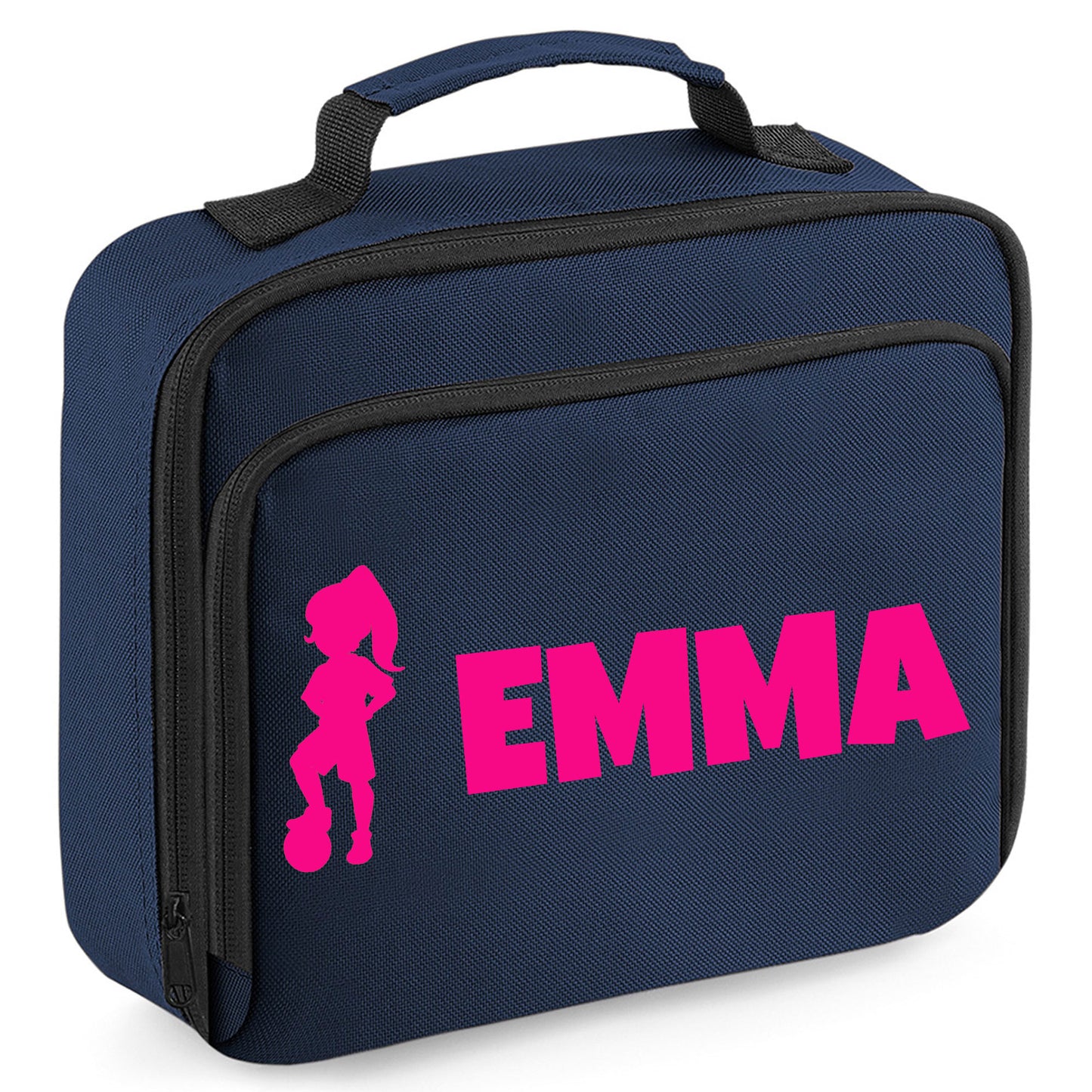 Personalised Lunch Bag with Football Design Childs School Lunch Box - Always Looking Good - Navy Girl with Pony Tail