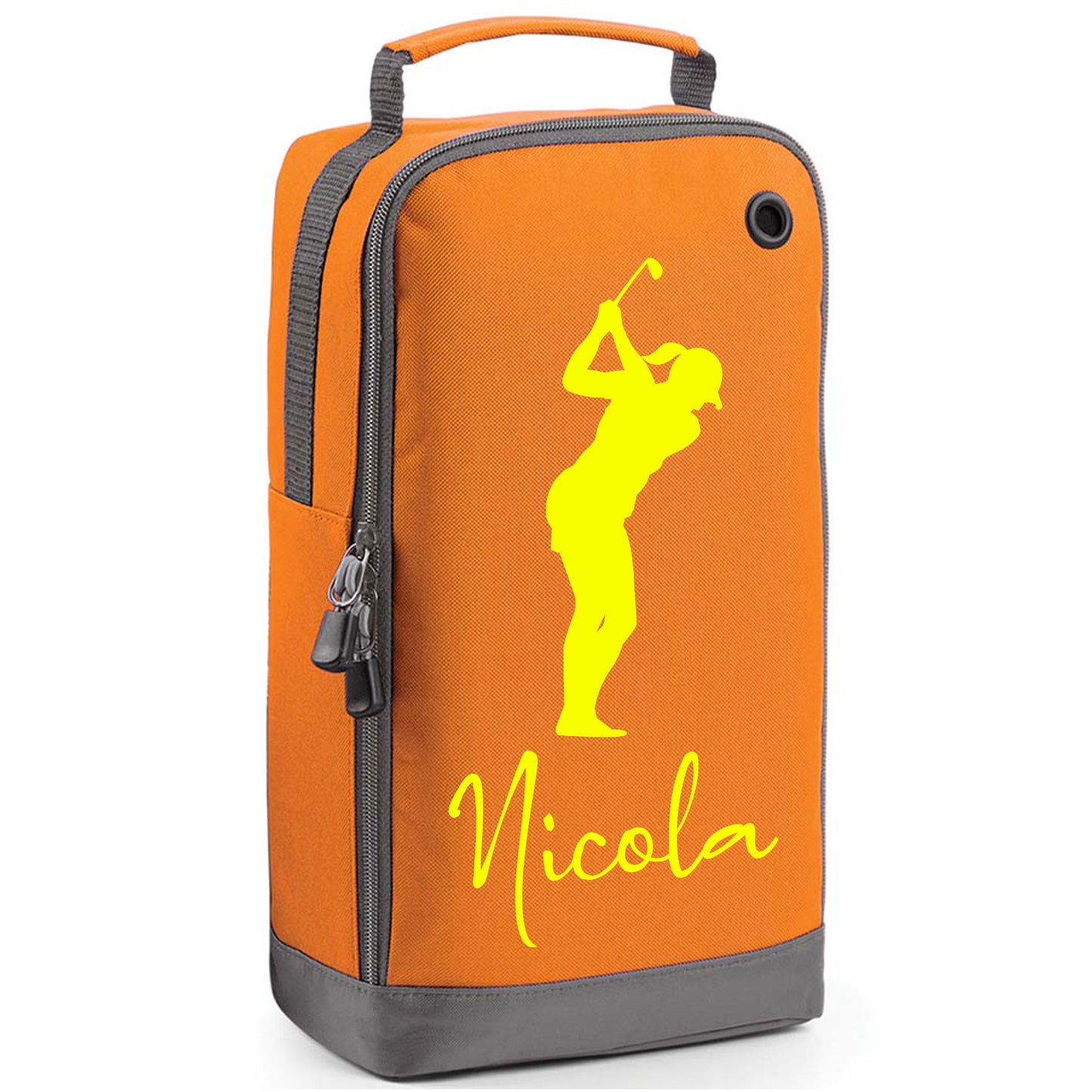 Personalised Golf Shoe Bag with Female Golfer & Name or Initials - Always Looking Good - Orange