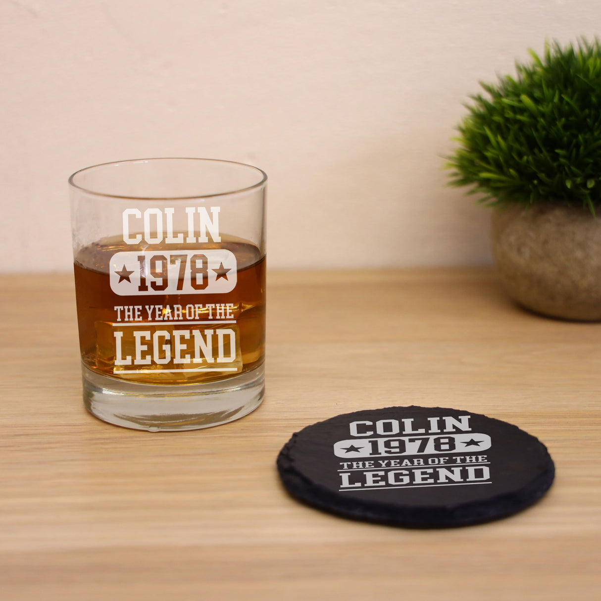 ANY Year Of The Legend Personalised Engraved Whisky Glass and/or Coaster Set - Always Looking Good - Glass & Round Coaster Set