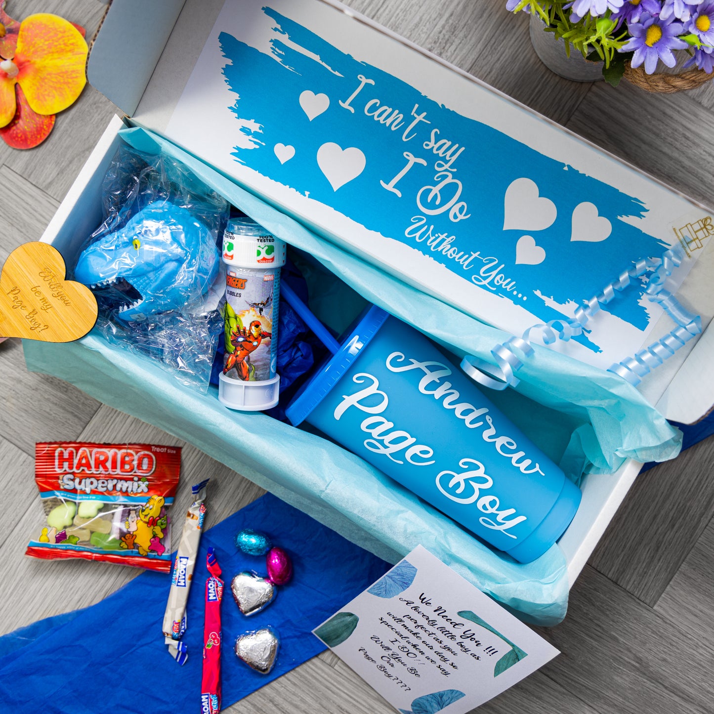 Personalised Page Boy Proposal Gift – Blue Juice Cup Keepsake