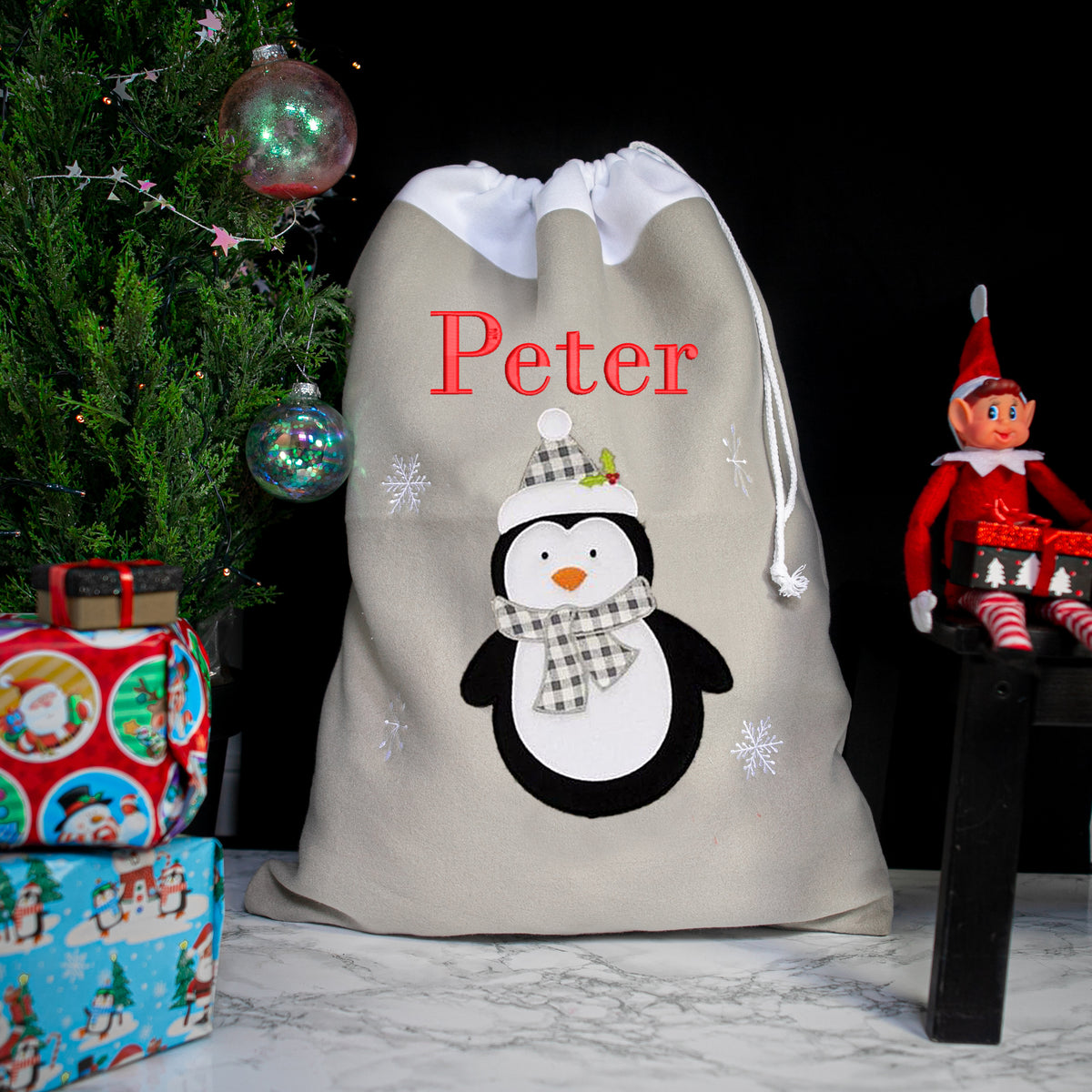 Personalised Embroidered Grey Christmas Large Santa Sack and Stocking Set - Always Looking Good - Penguin