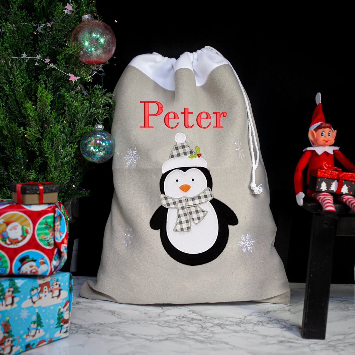 Personalised Embroidered Grey Christmas Large Santa Sack and Stocking Set - Always Looking Good - Penguin