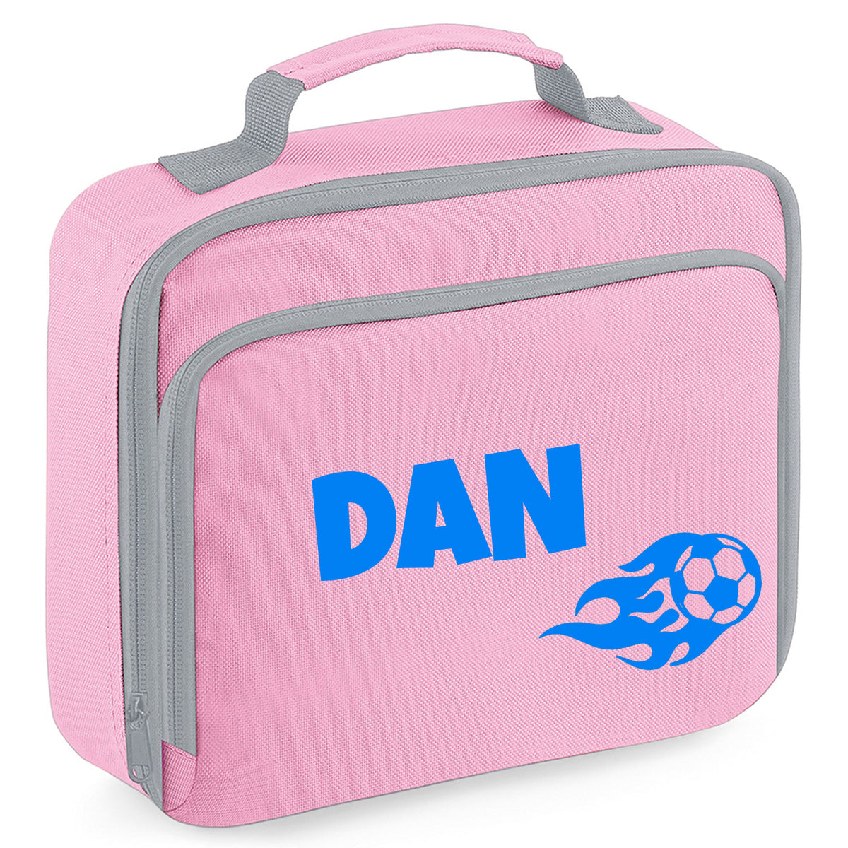 Personalised Lunch Bag with Football Design Childs School Lunch Box - Always Looking Good - Pink Flaming Ball