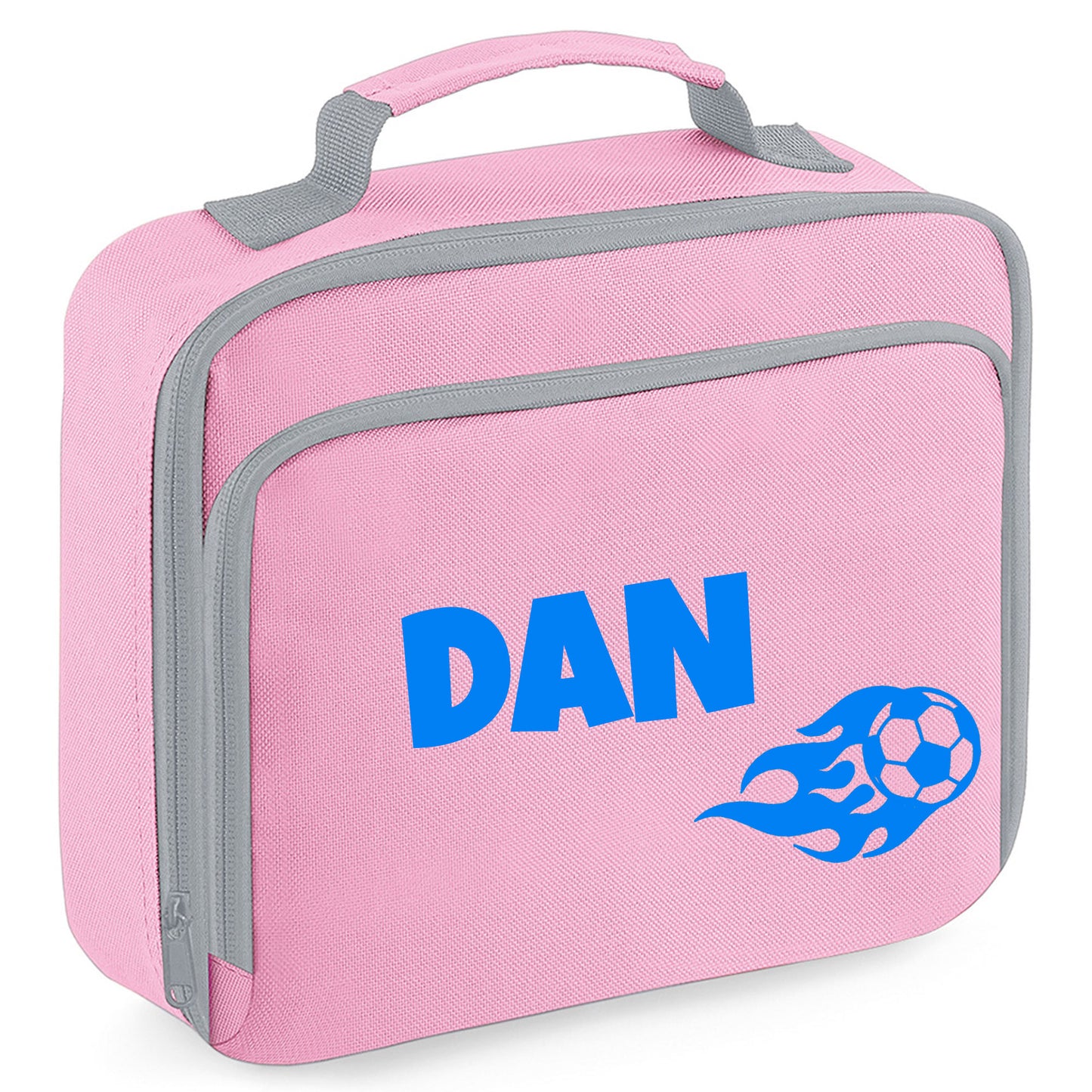 Personalised Lunch Bag with Football Design Childs School Lunch Box - Always Looking Good - Pink Flaming Ball