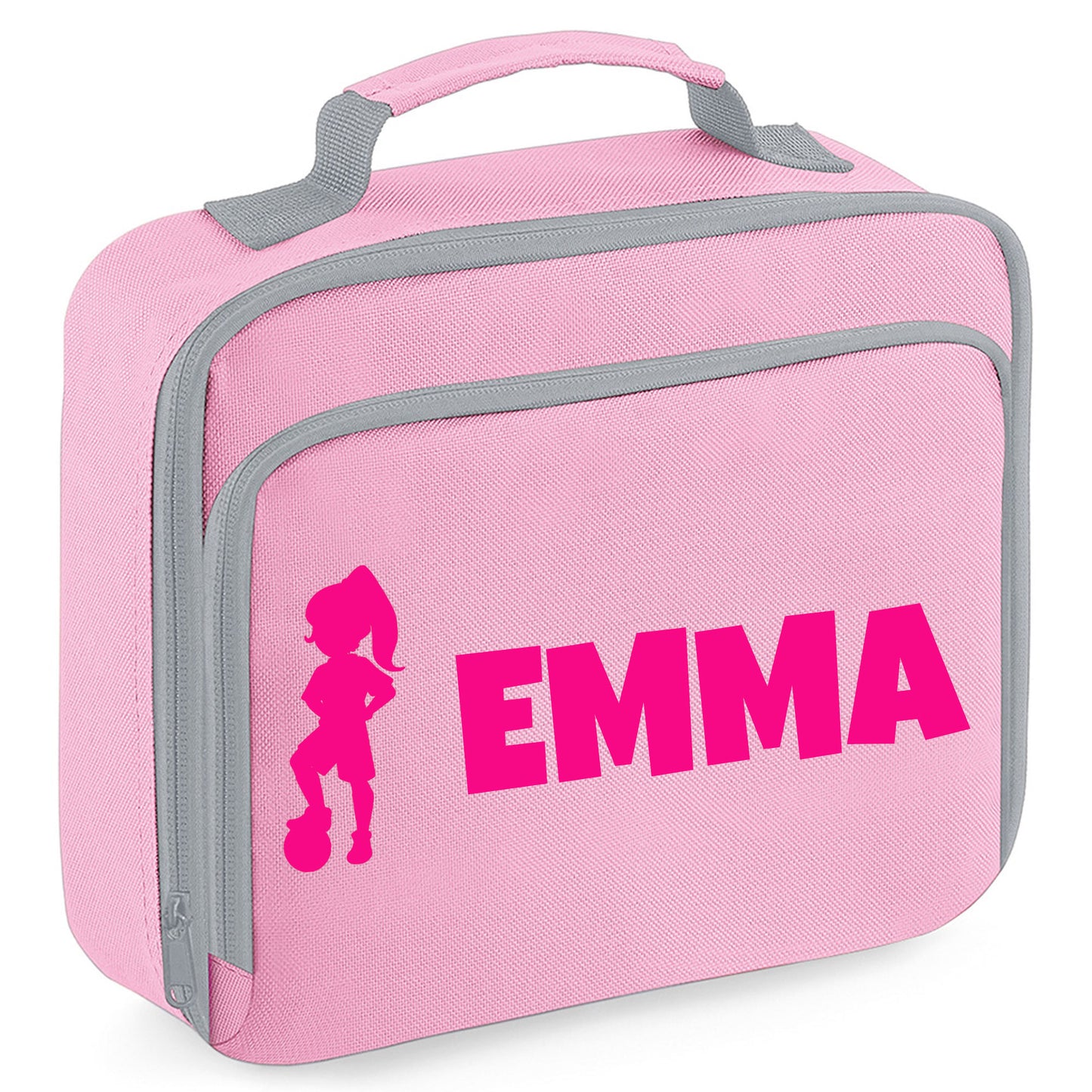 Personalised Lunch Bag with Football Design Childs School Lunch Box - Always Looking Good - Pink Girl with Pony Tail