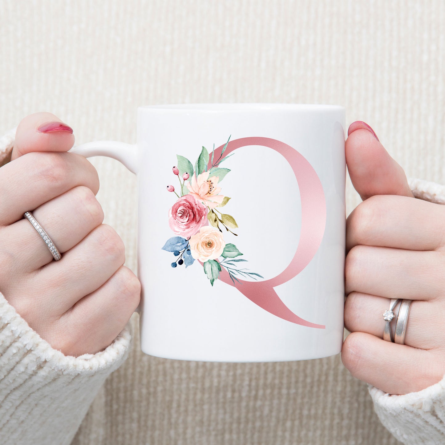 Monogrammed Ceramic Mug – Pink Floral Letter Design for Gift