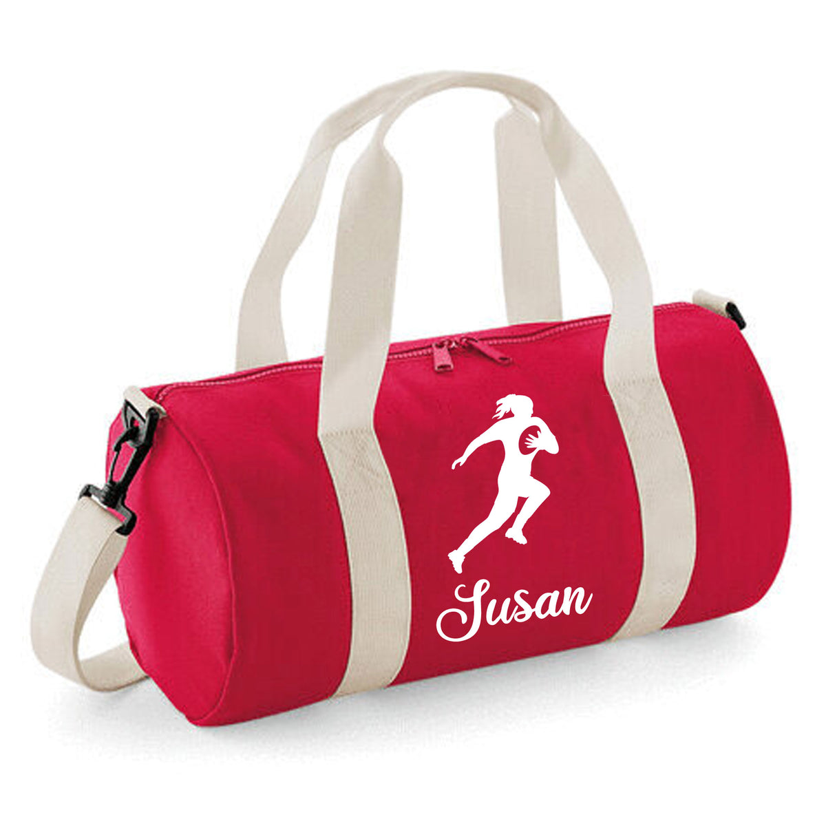 Personalised Female Rugby Player Barrel Bag | Kids Sports Holdall with Name