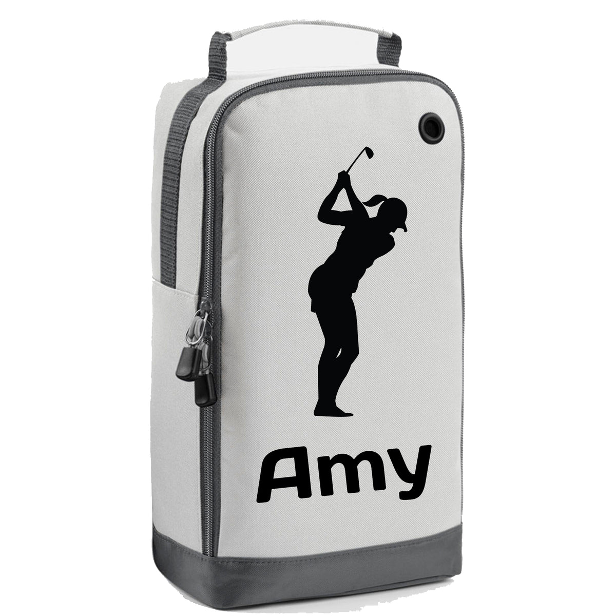 Personalised Golf Shoe Bag with Female Golfer & Name or Initials - Always Looking Good - Ice Silver