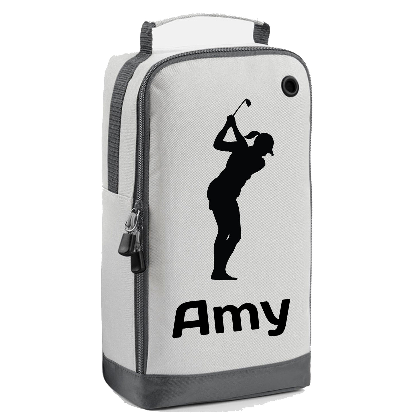 Personalised Golf Shoe Bag with Female Golfer & Name or Initials - Always Looking Good - Ice Silver
