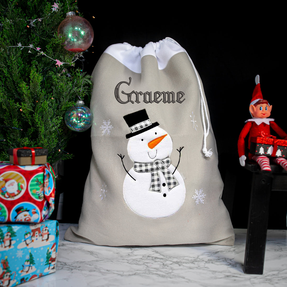 Personalised Embroidered Grey Christmas Large Santa Sack and Stocking Set - Always Looking Good - Snowman