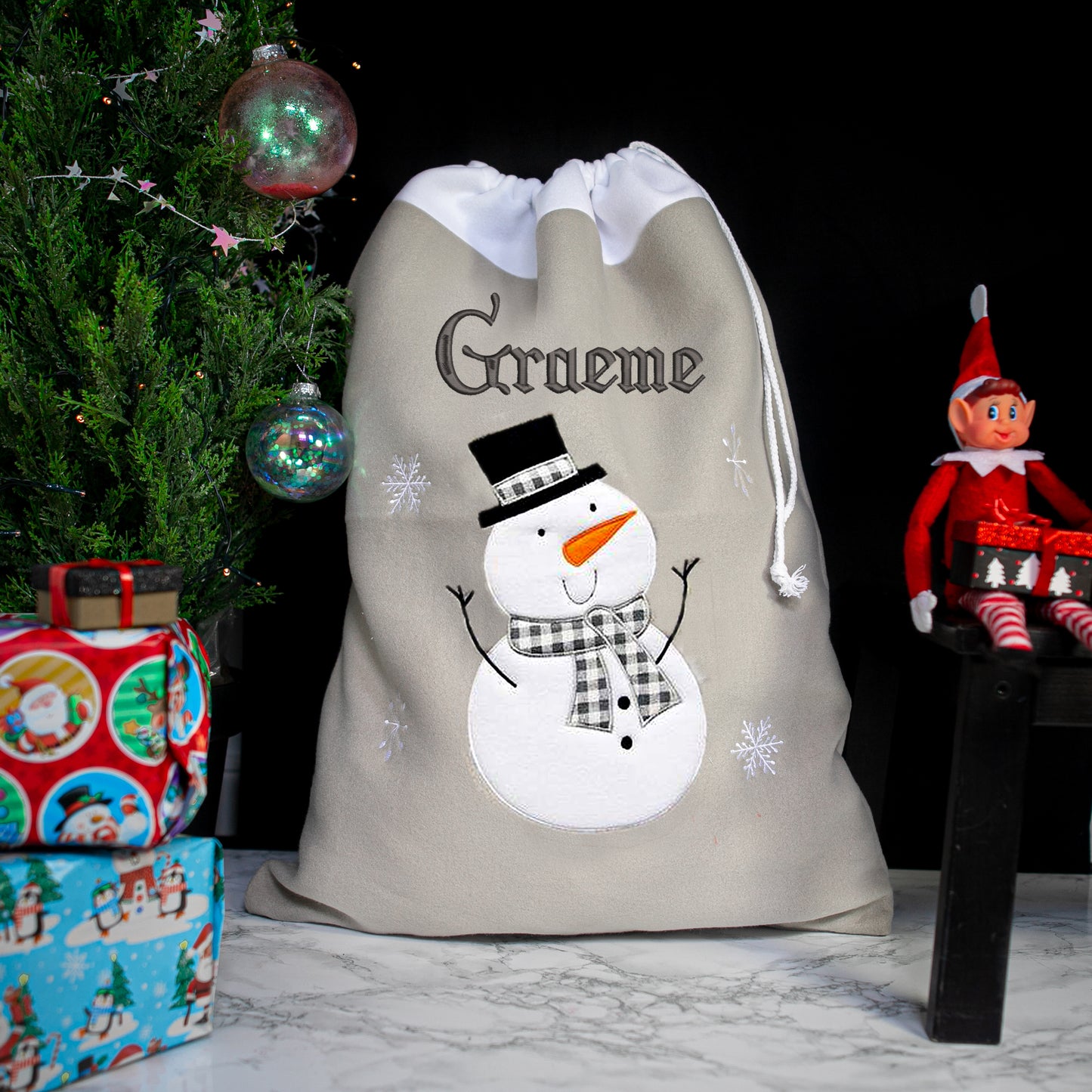 Personalised Embroidered Grey Christmas Large Santa Sack and Stocking Set - Always Looking Good - Snowman