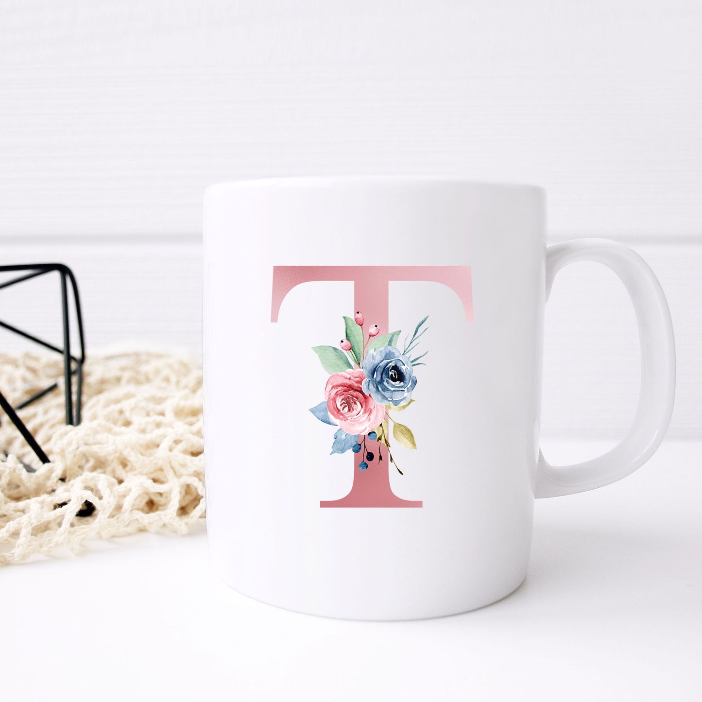 Monogrammed Ceramic Mug – Pink Floral Letter Design for Gift