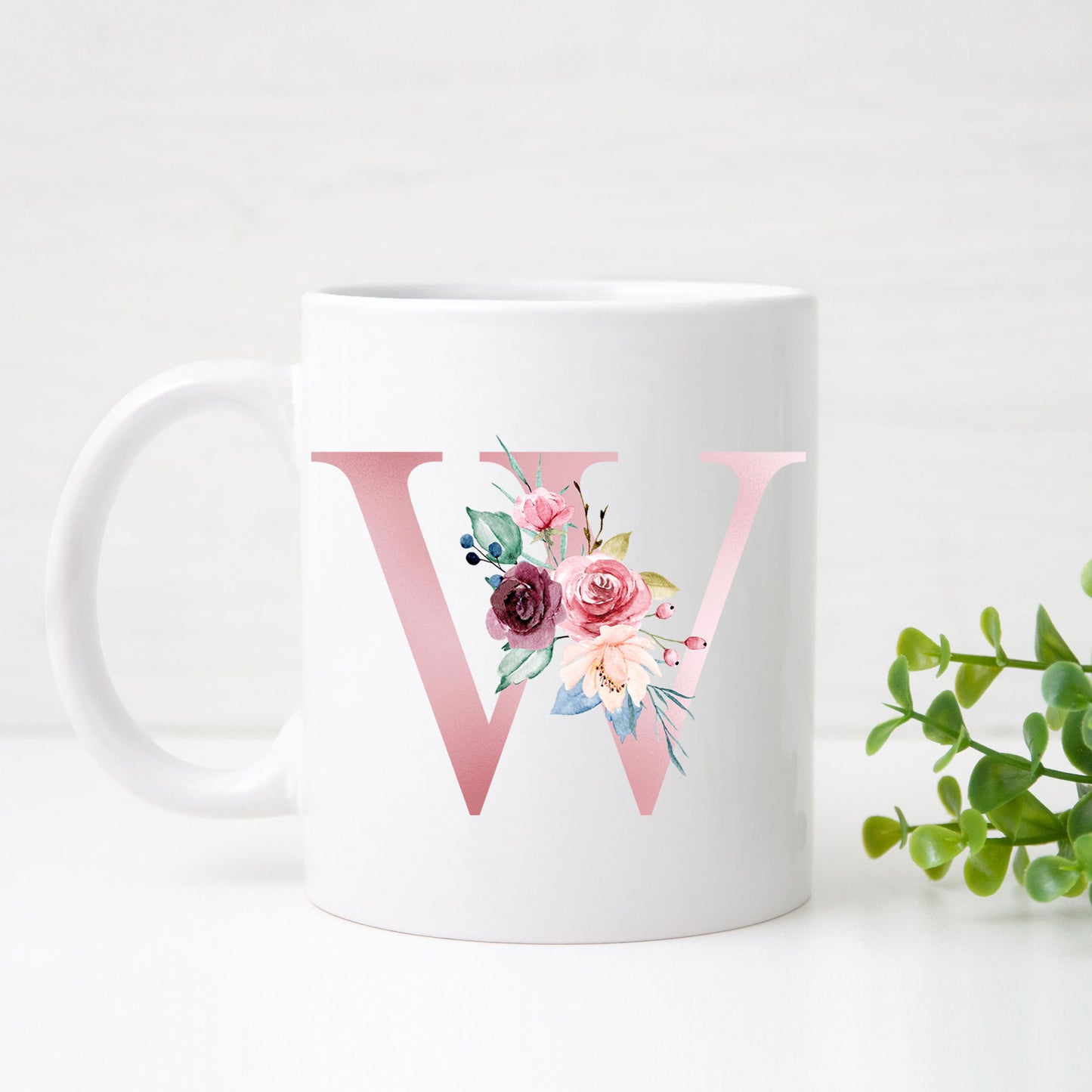 Monogrammed Ceramic Mug – Pink Floral Letter Design for Gift