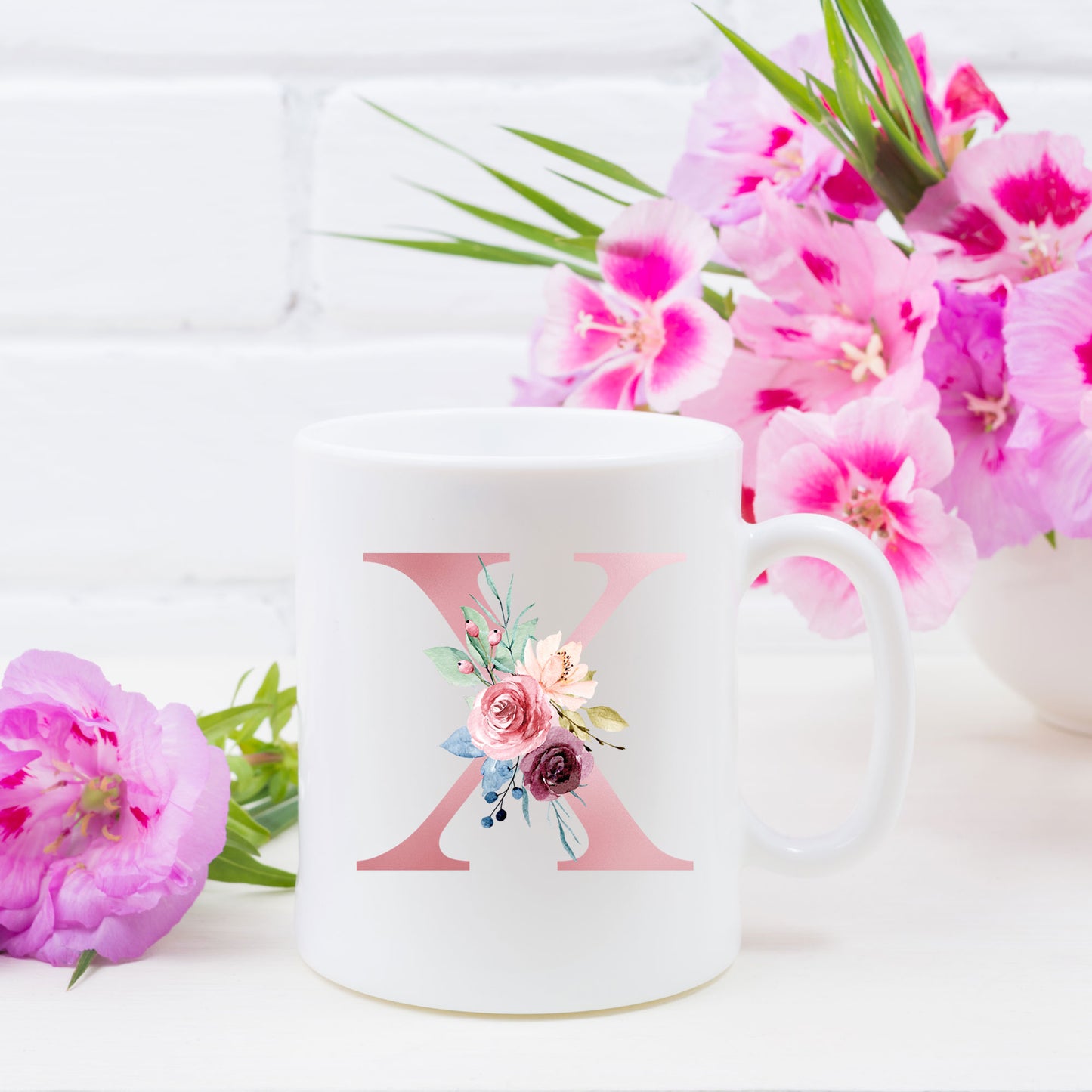 Monogrammed Ceramic Mug – Pink Floral Letter Design for Gift
