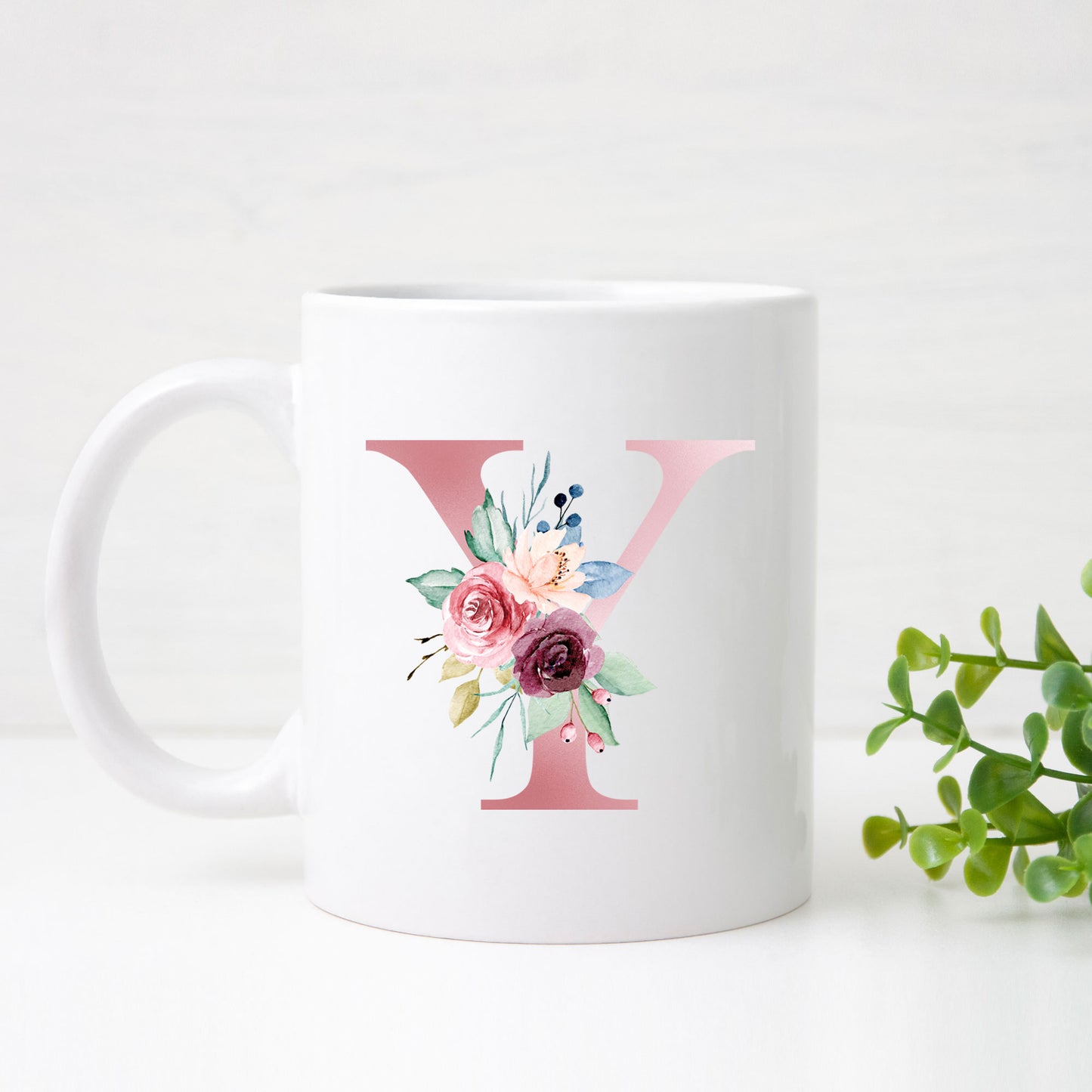 Monogrammed Ceramic Mug – Pink Floral Letter Design for Gift