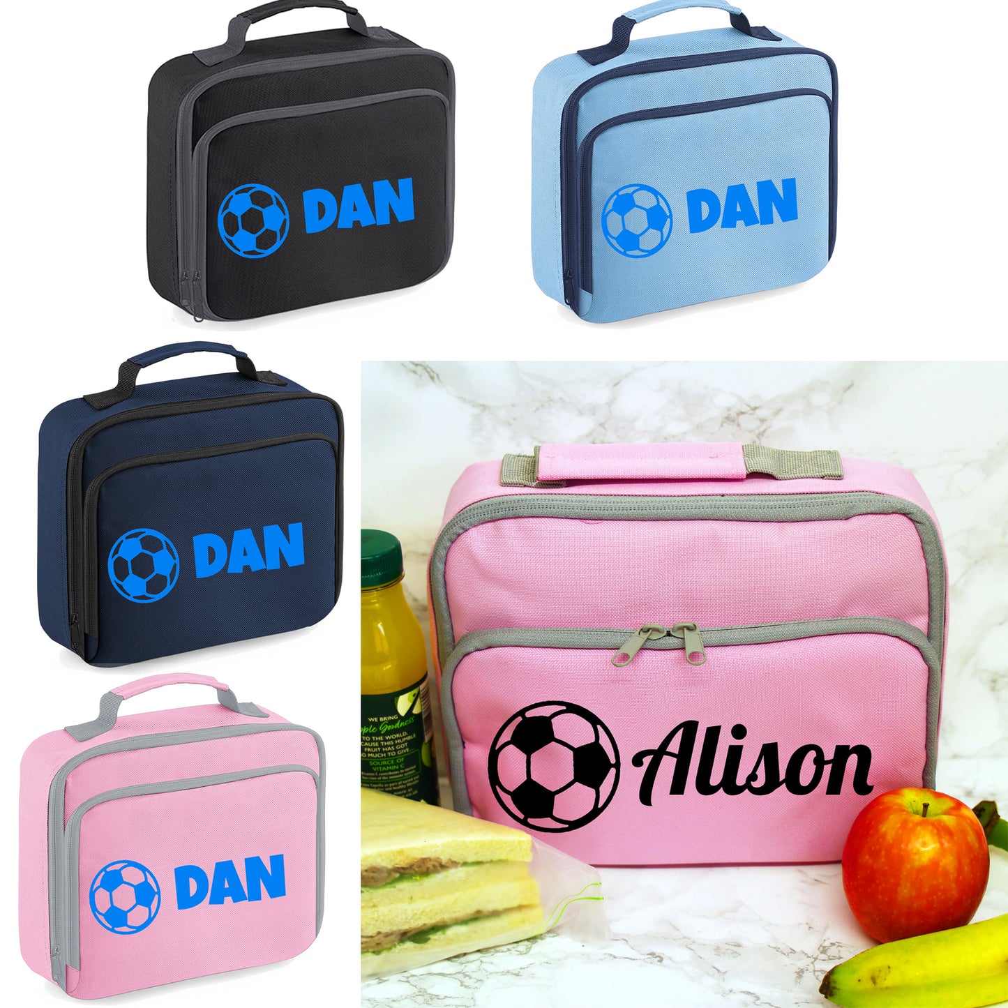 Kids Personalised Lunch Bag With Name in Football Design