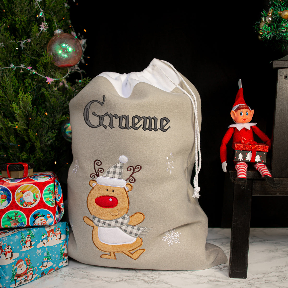 Personalised Embroidered Grey Christmas Large Santa Sack and Stocking Set - Always Looking Good - Reindeer