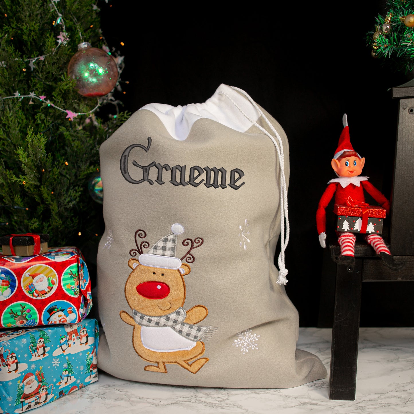Personalised Embroidered Grey Christmas Large Santa Sack and Stocking Set - Always Looking Good - Reindeer