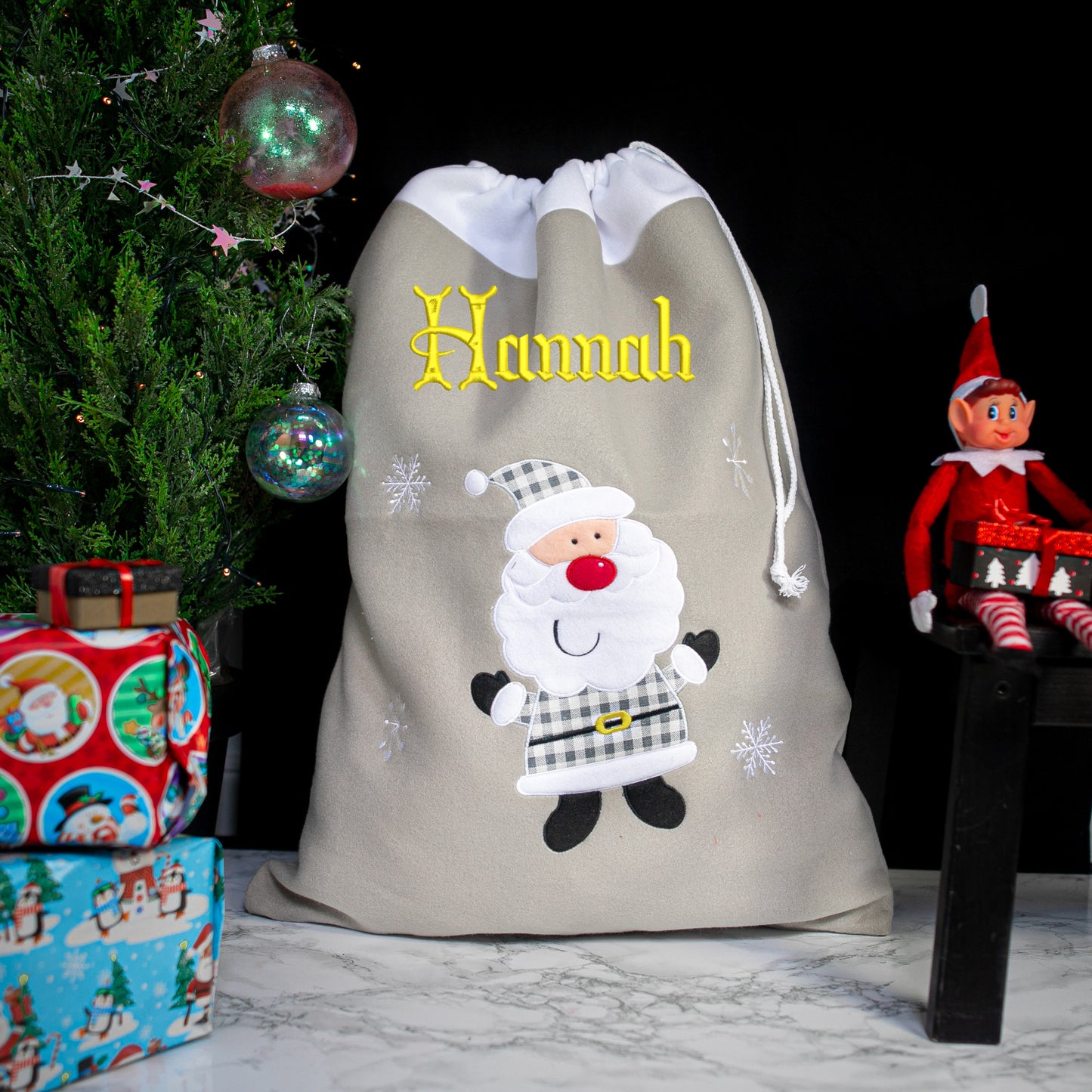 Personalised Embroidered Grey Christmas Large Santa Sack and Stocking Set - Always Looking Good - Santa