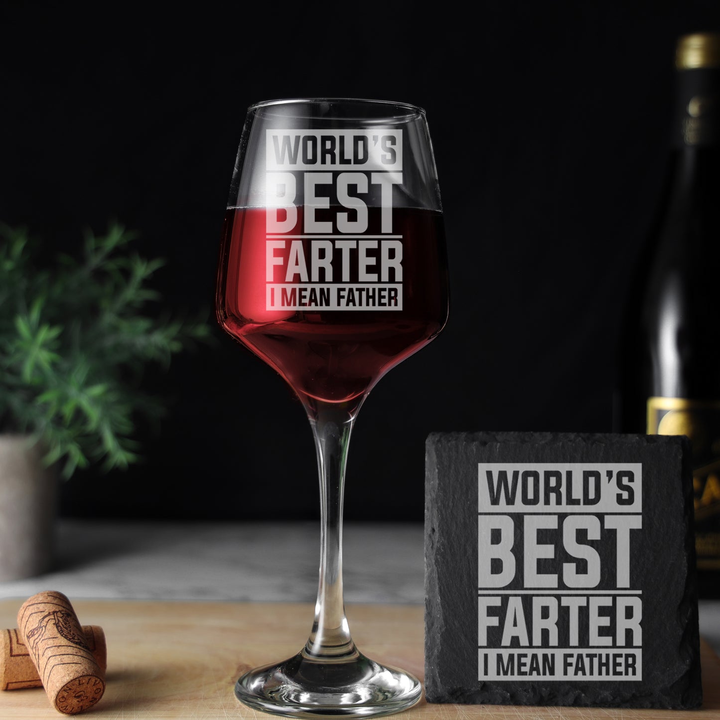 "Worlds Best Farter I Mean Father" Novelty Engraved Wine Glass and/or Coaster Set - Always Looking Good - Glass & Square Coaster Square Design