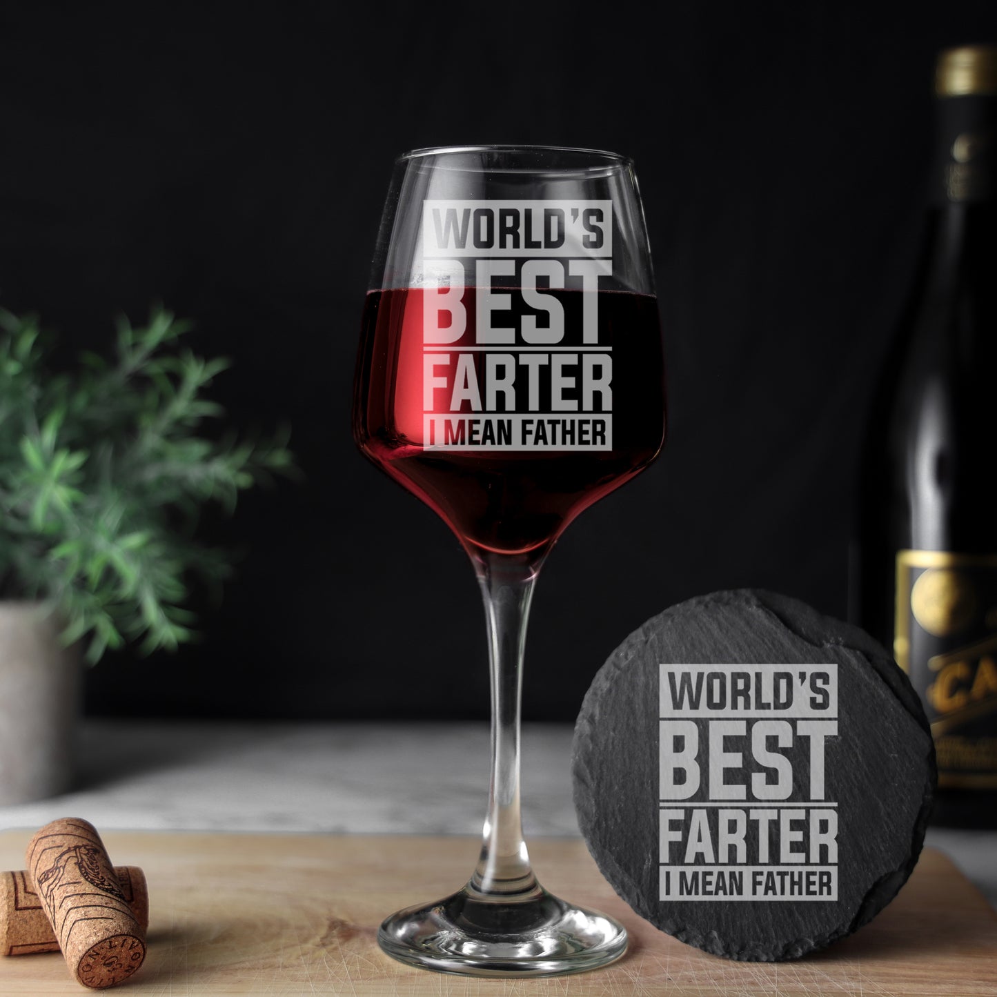 "Worlds Best Farter I Mean Father" Novelty Engraved Wine Glass and/or Coaster Set - Always Looking Good - Glass & Round Coaster Square Design