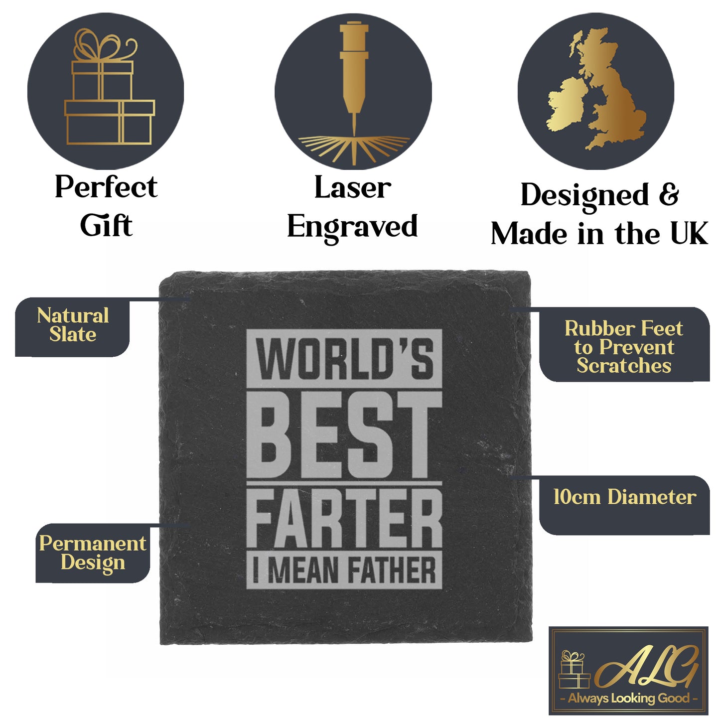 "Worlds Best Farter I Mean Father" Novelty Engraved Whisky Glass and/or Coaster Set - Always Looking Good -