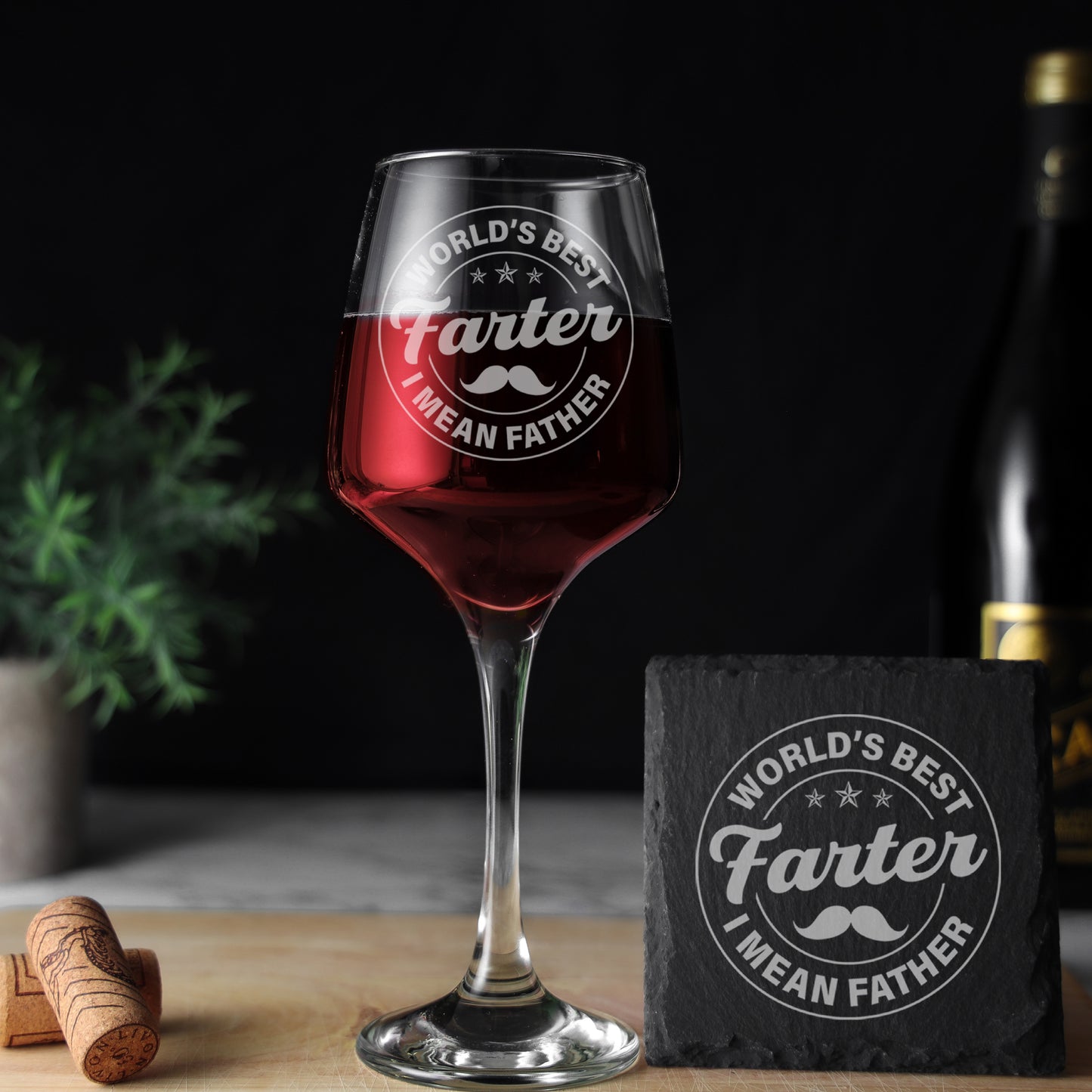 "Worlds Best Farter I Mean Father" Novelty Engraved Wine Glass and/or Coaster Set - Always Looking Good - Glass & Square Coaster Circle Design