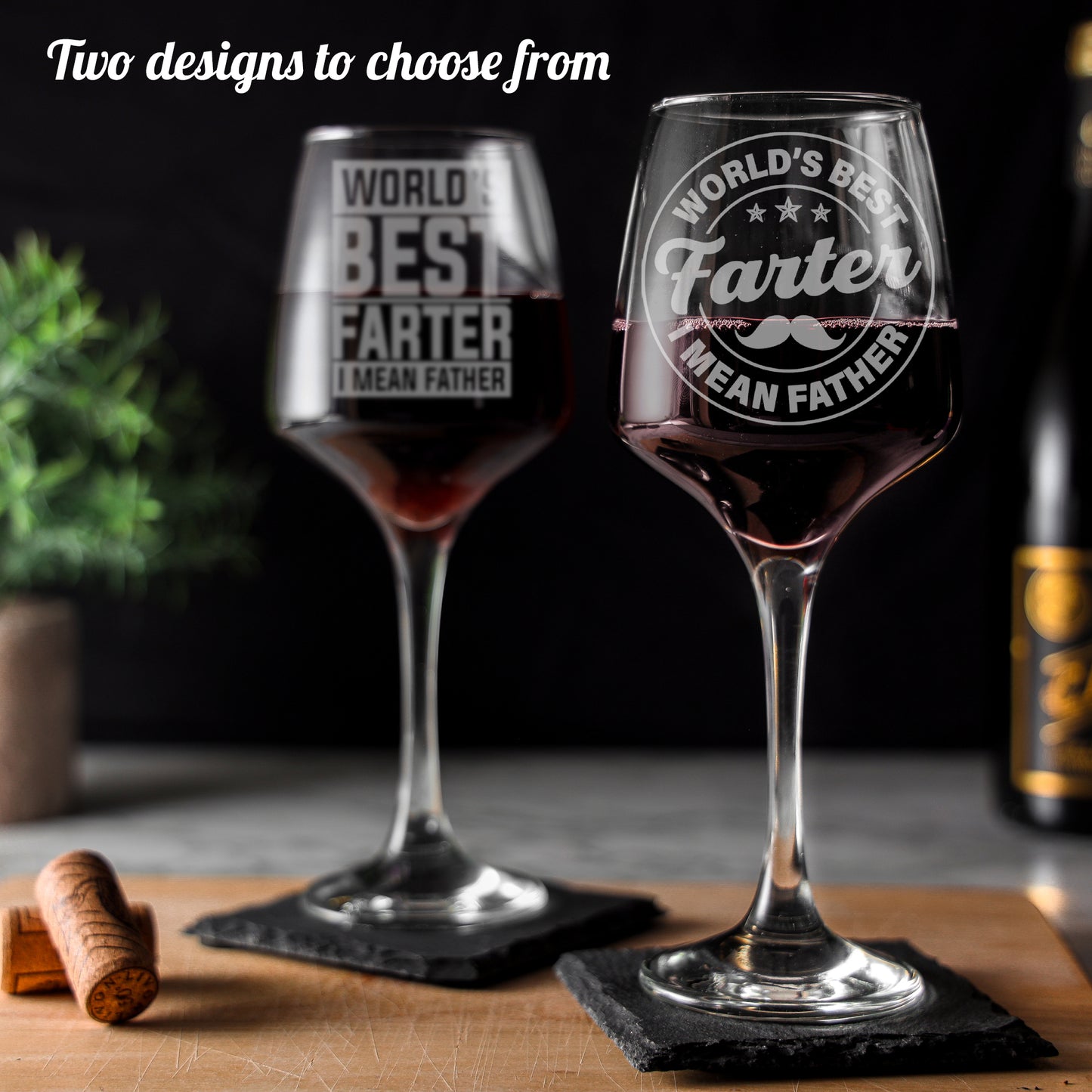 "Worlds Best Farter I Mean Father" Novelty Engraved Wine Glass and/or Coaster Set - Always Looking Good -