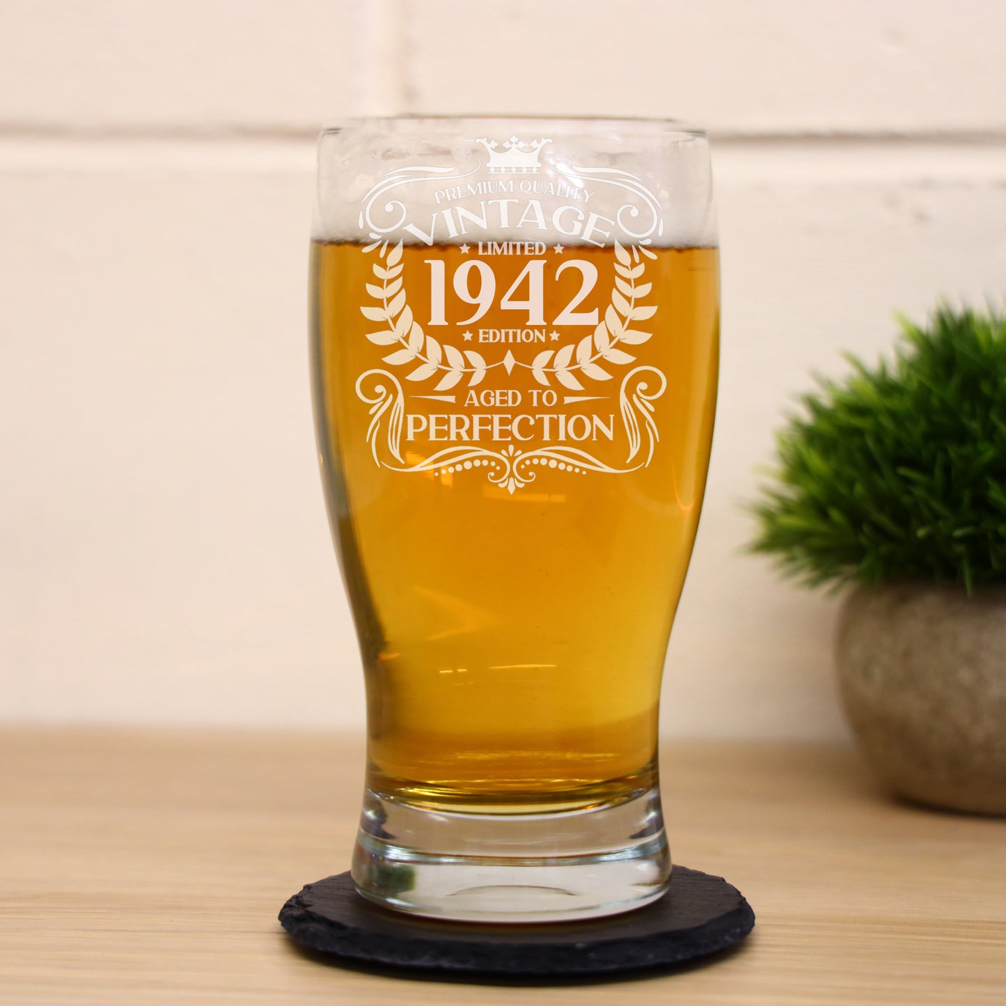 Vintage Any Year All Ages Engraved Birthday Beer Glass and/or Coaster Set - Always Looking Good -