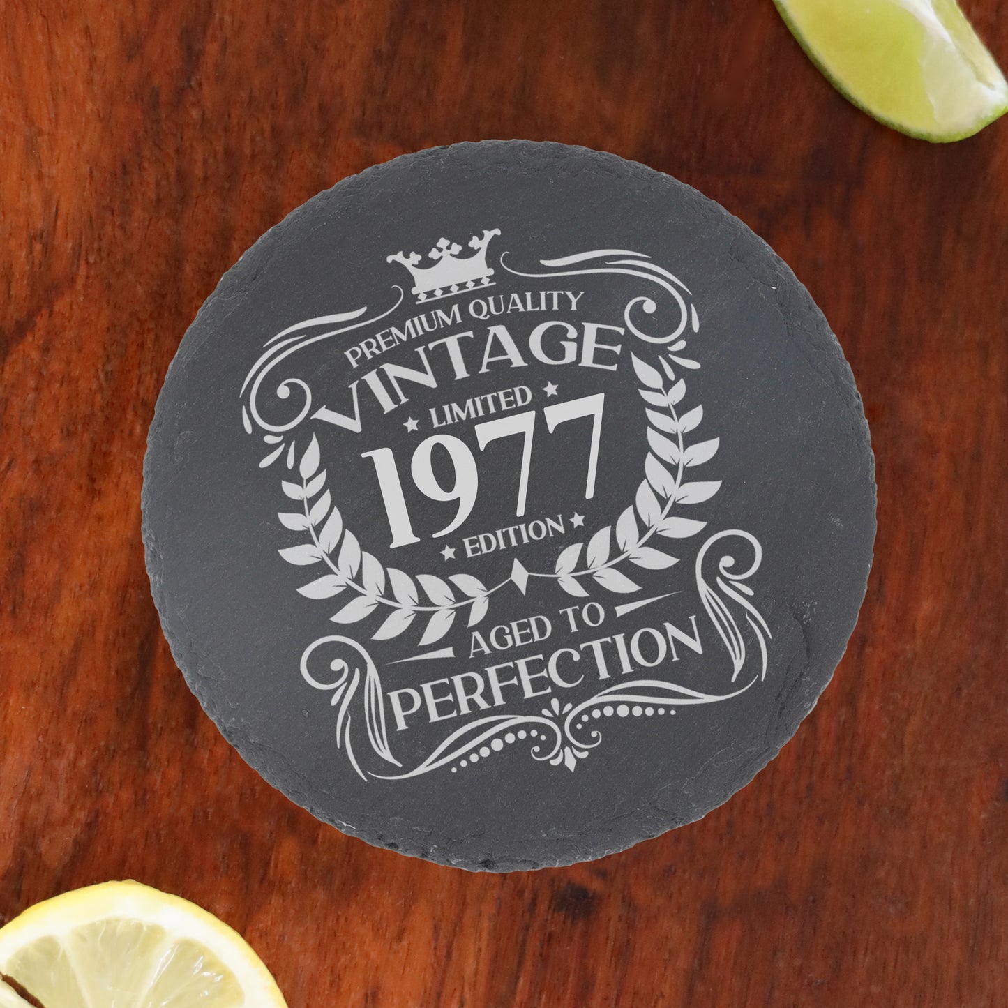 Vintage Any Year Birthday All Ages Engraved Wine Glass and/or Coaster Set - Always Looking Good - Round Coaster Only